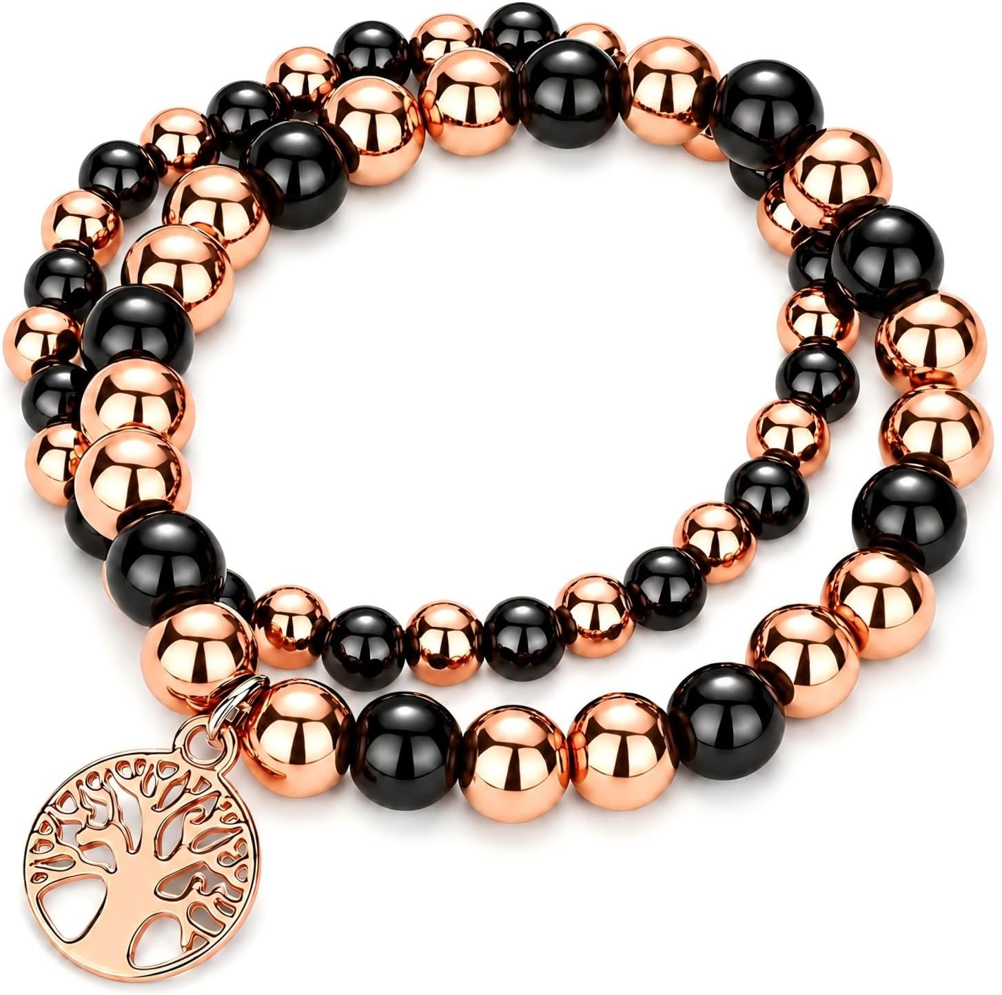 Copper Beads Bracelet for Women and Men, Adjustable 99.99% Pure Copper Beads with 10mm Hematite Stones, Magnetic Beaded Jewelry Gift with Tree of Life Charm