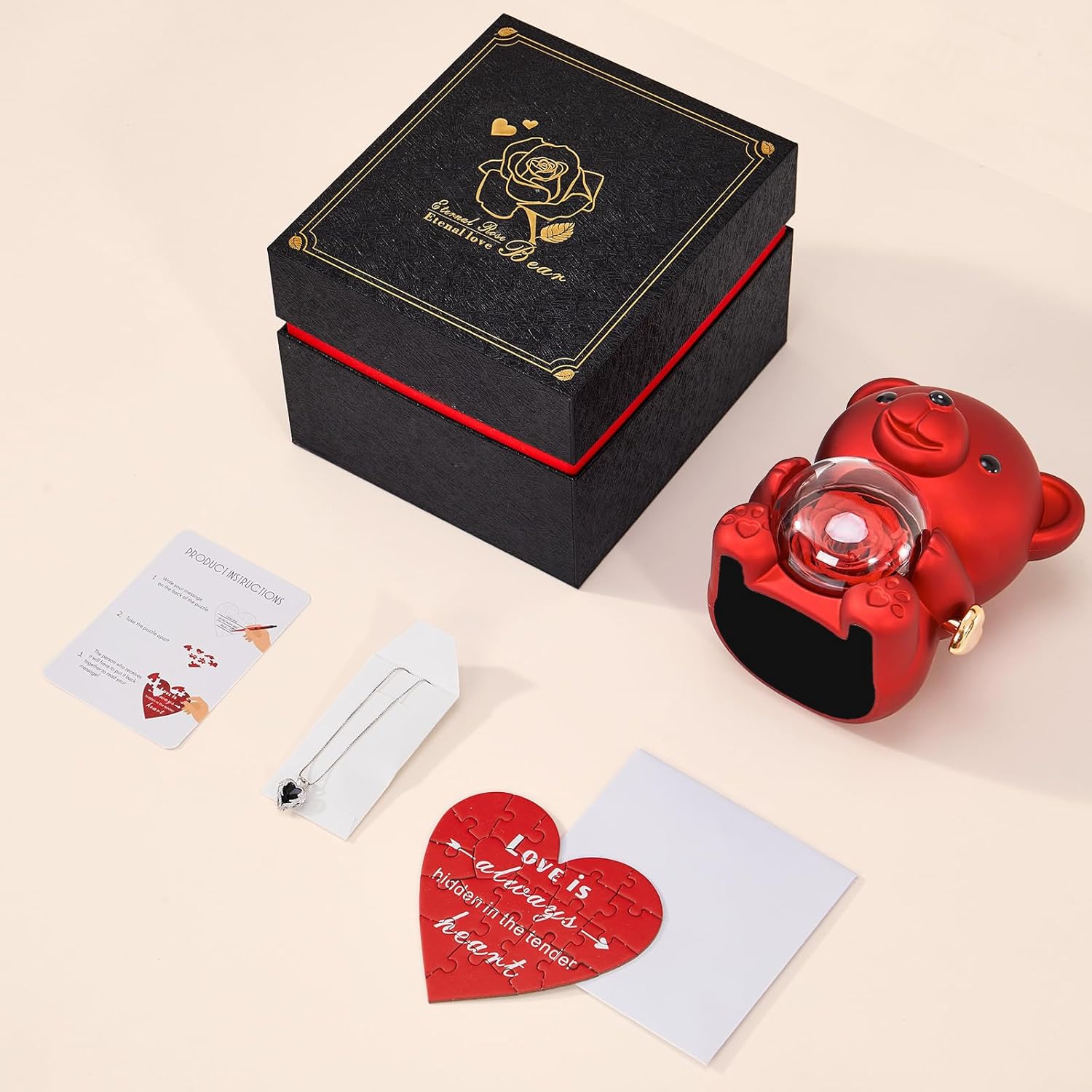 Mikasol Romantic Teddy Red Bear with Preserved Rose - Real Rose in Elegant Black Gift Box for Anniversaries, Weddings, Bridal Showers, and Mother's Day - Image 7