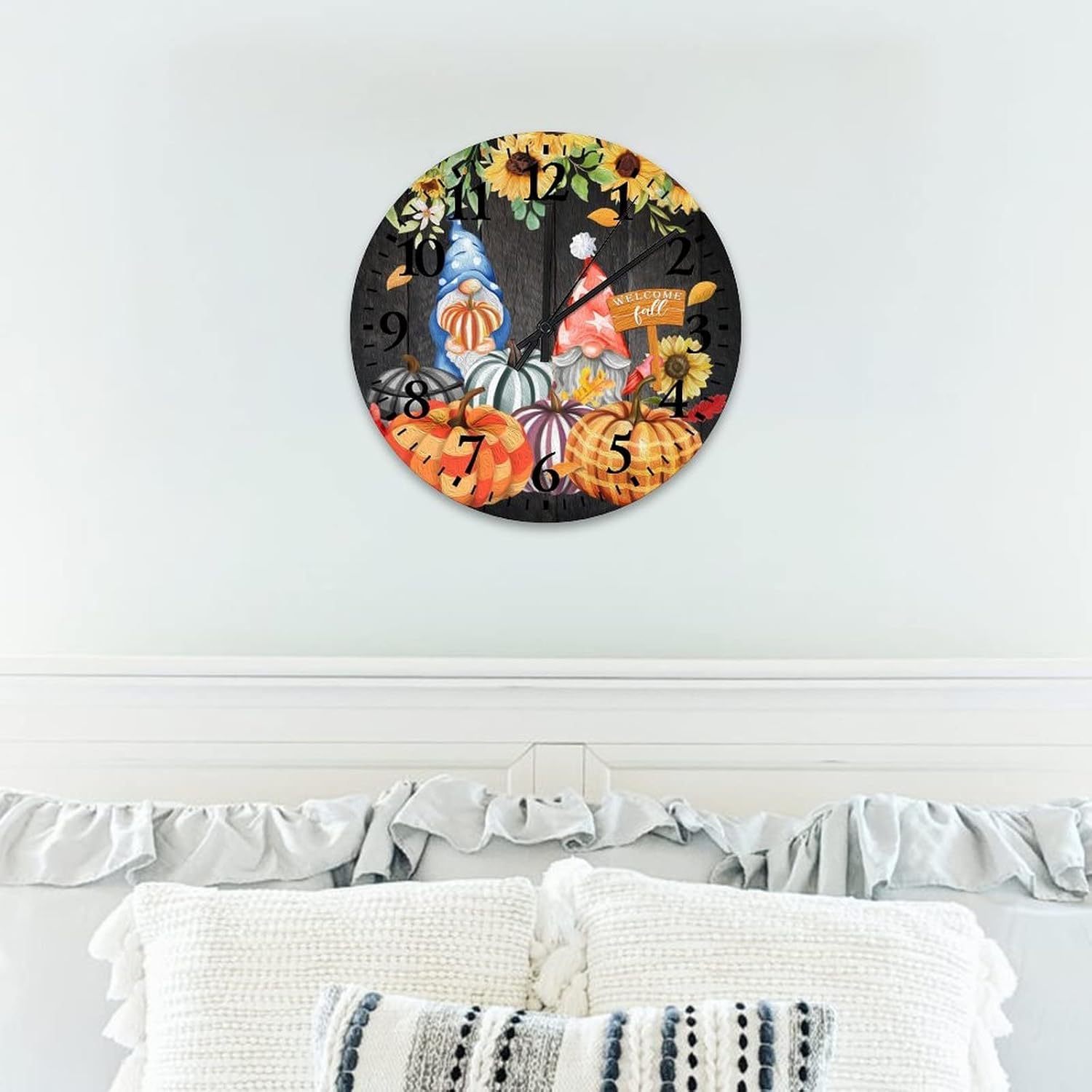 Welcome Fall Gnome Pumpkins Clock 12 Inch, Autumn Harvest Thanksgiving Clocks for Living Room Decor Non Ticking Round Arabic Numbers Clock for Home Office School