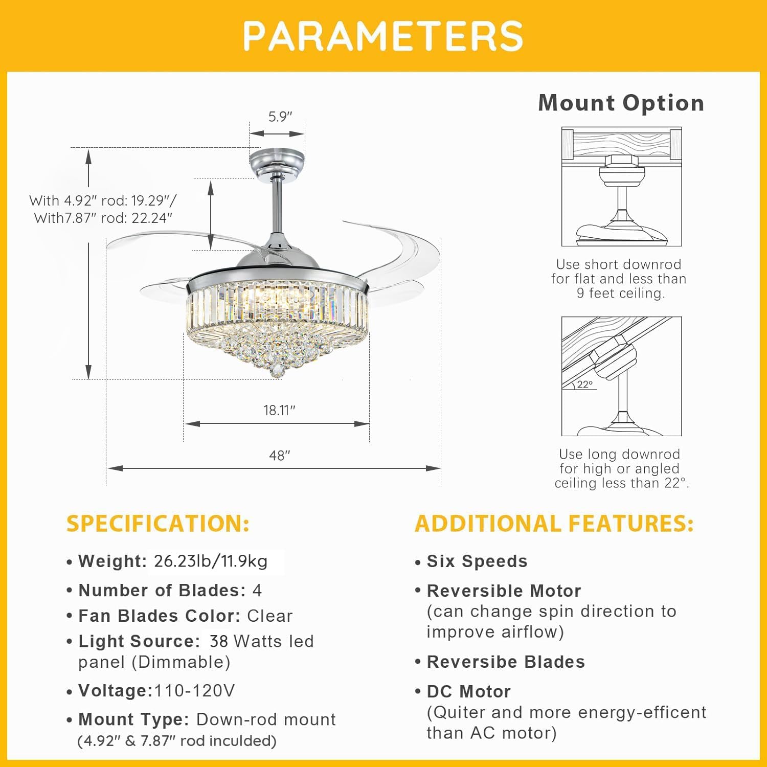 Modern 48 Inch Dimmable Crystal Fandelier, Retractable Blades Ceiling Fans with Light and Remote, Invisible LED Ceiling Fan Light Kit for Bedroom-Polished Chrome