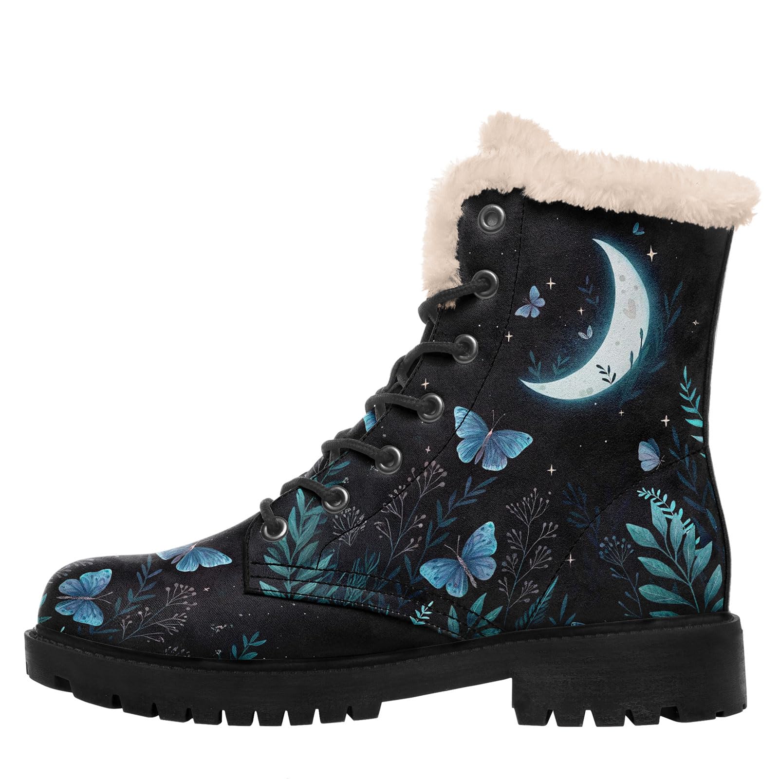 Womens Sun and Moon Winter Boots Celestial Faux Leather Ankle Boots Warm Fur Lining Non-Slip Boho Lace-Up Snow