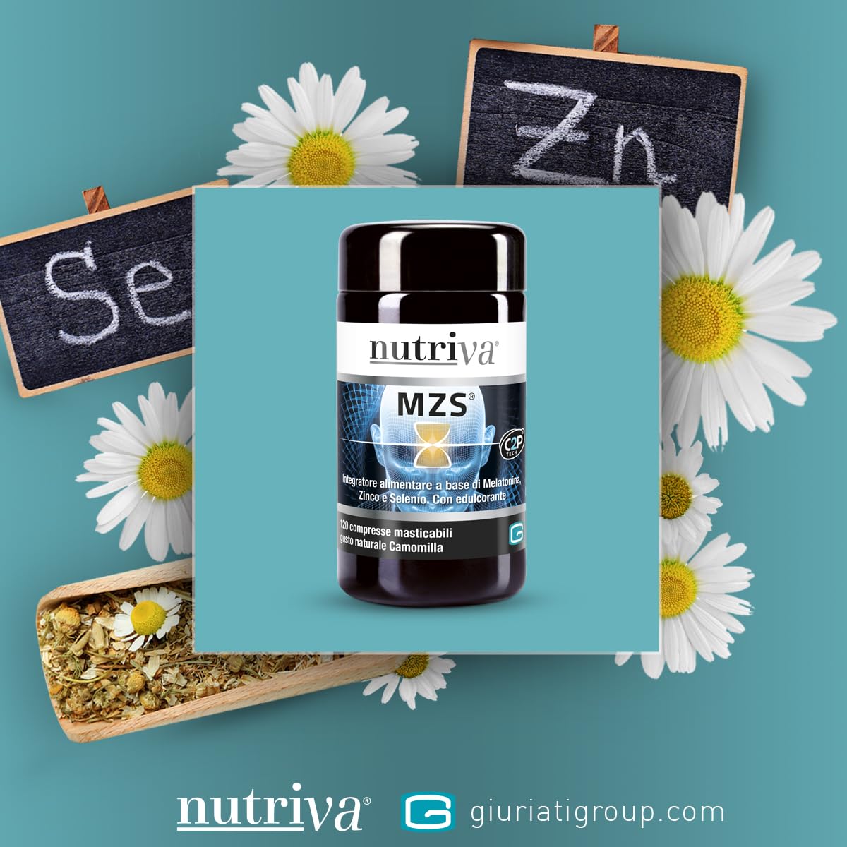 NUTRIVA MZS, Integratore Alimentare Melatonina, Zinco, Selenio, Utile per Dormire, Rilassamento e Benessere Mentale, 1mg di Melatonina, per Vegetariani 120 Compresse Masticabili