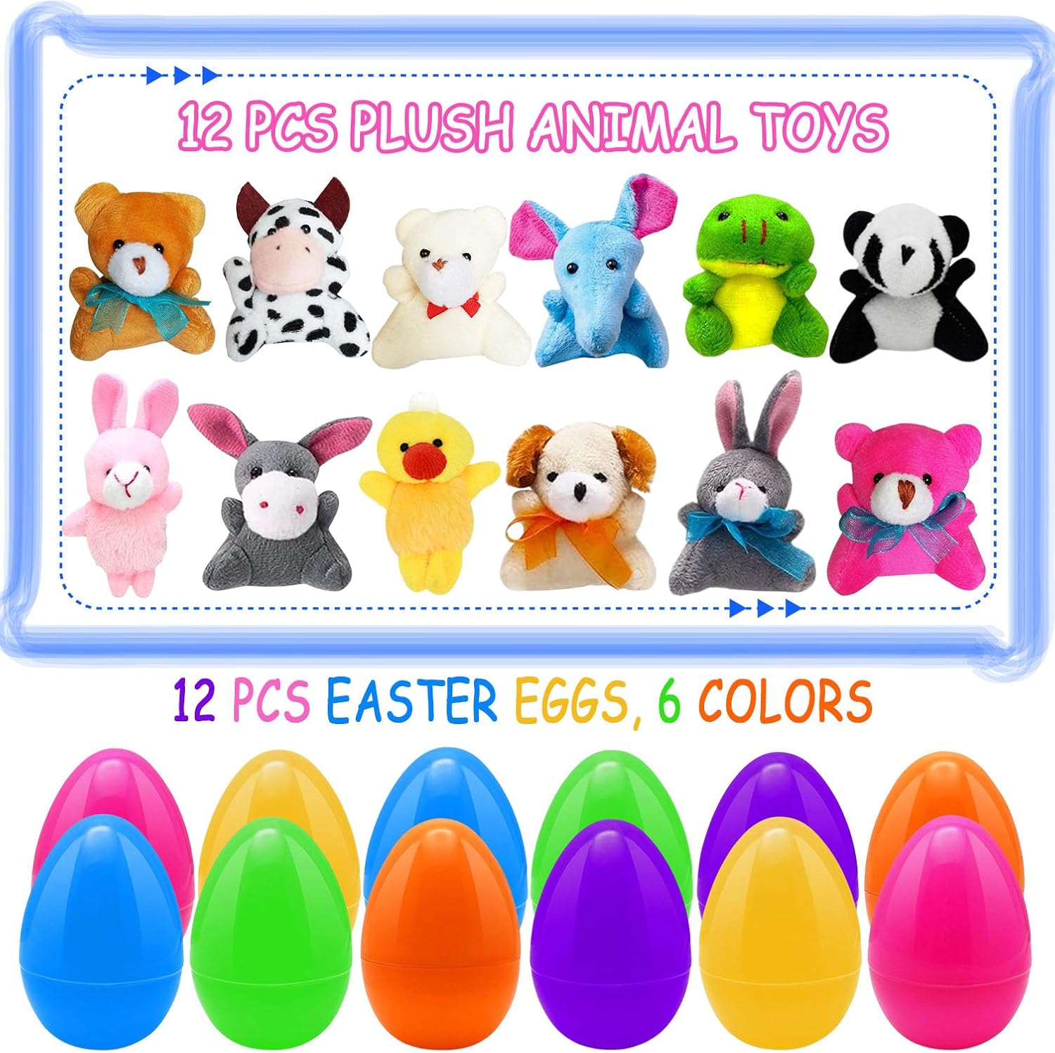 Prefilled Easter Eggs Filled with Stuffed Plush Animals Toys Inside for Easter Basket Stuffers, Easter Egg Hunt, Kids Classroom Prizes