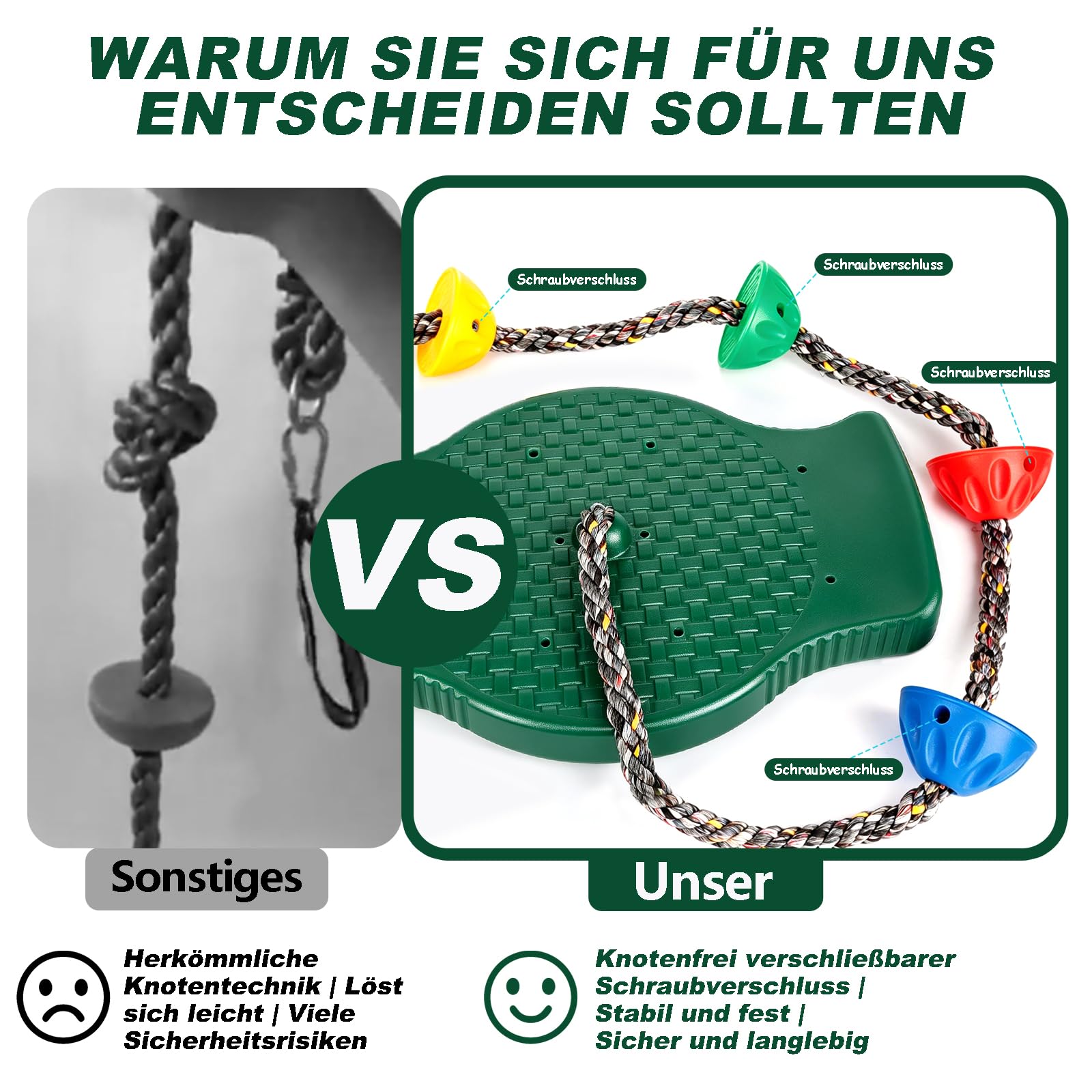 Kletterseil Schaukel Outdoor, Rutschfester Schaukelsitz Set mit 1.9M Langem Verstellbarem Seil, Stehen und Sitzen, 75kg Kletterseilschaukel für Garten, Spielplätze, Kinder & Erwachsene, Grün