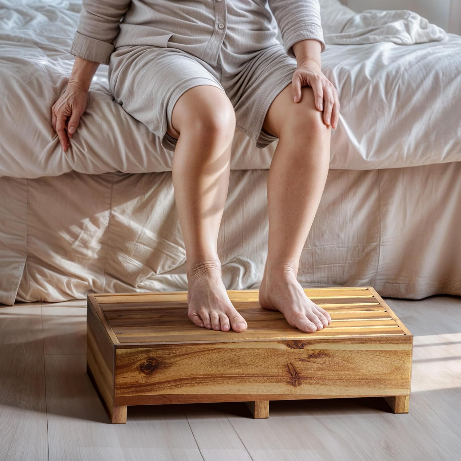 Carpentray 6.5" One Step Stool for Elderly, Acacia Wood High Riser Step Stool for Bed - 550 Lbs Wooden Stools for Adults, Kids/Bedside, Bathroom, Kitchen, Garden (Acacia, 6.5" Height)-image-1