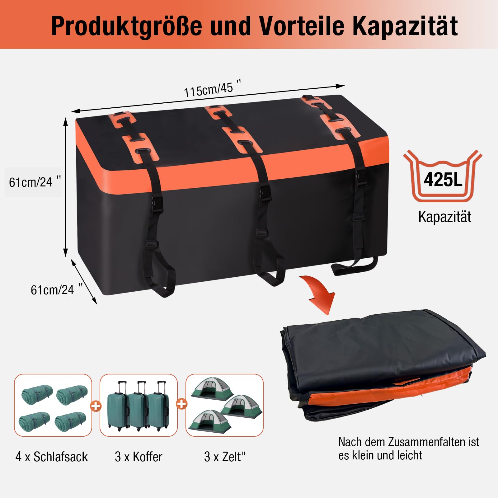 Heckbox für Anhängerkupplung 115 x 61 x 61cm, 425 Liter 600D PVC Car Cargo Transportbox Wasserdicht Reißfest Faltbare Gepäckbox