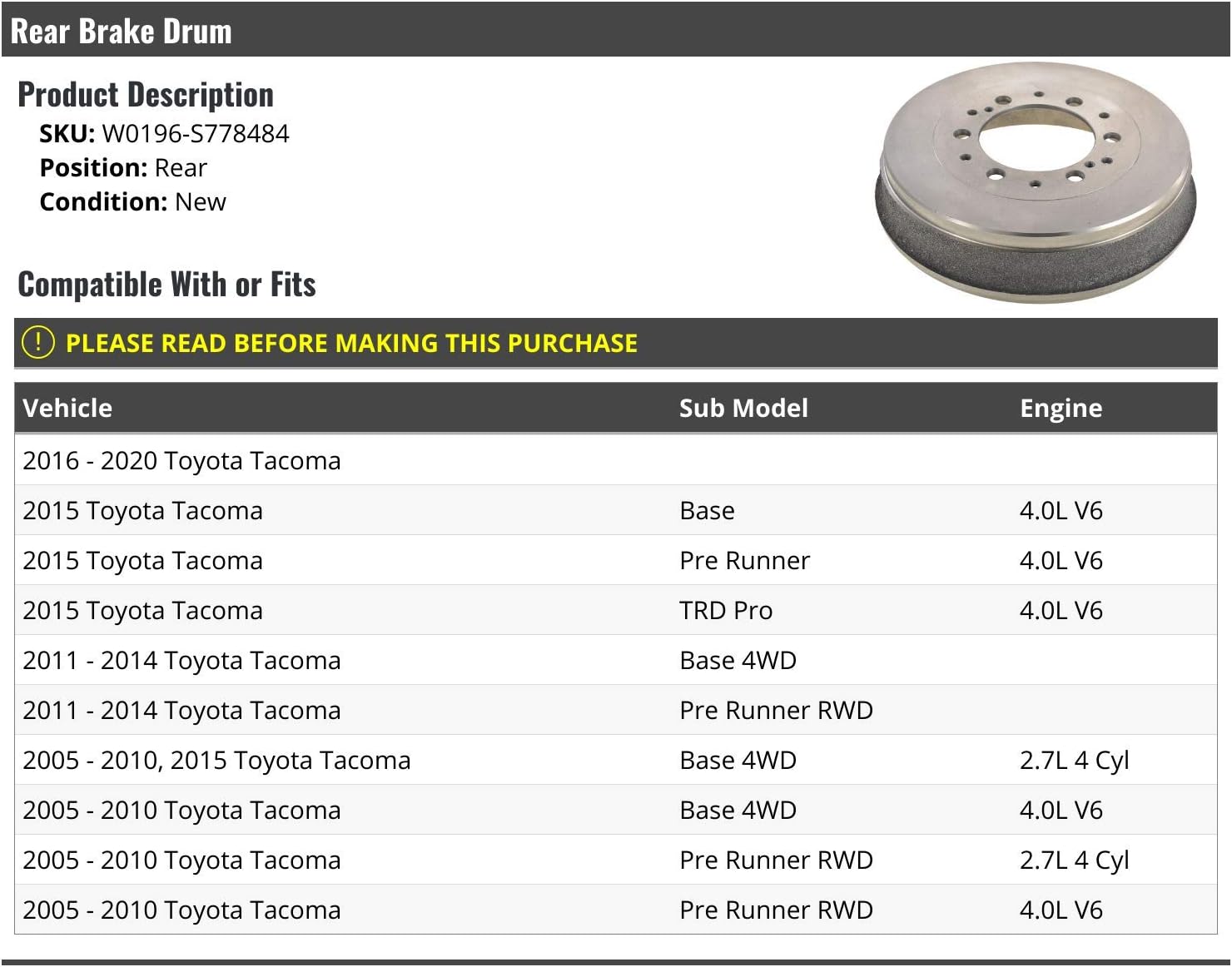 Marketplace Auto Parts Rear Brake Drum - Compatible with 2005-2020 Toyota Tacoma