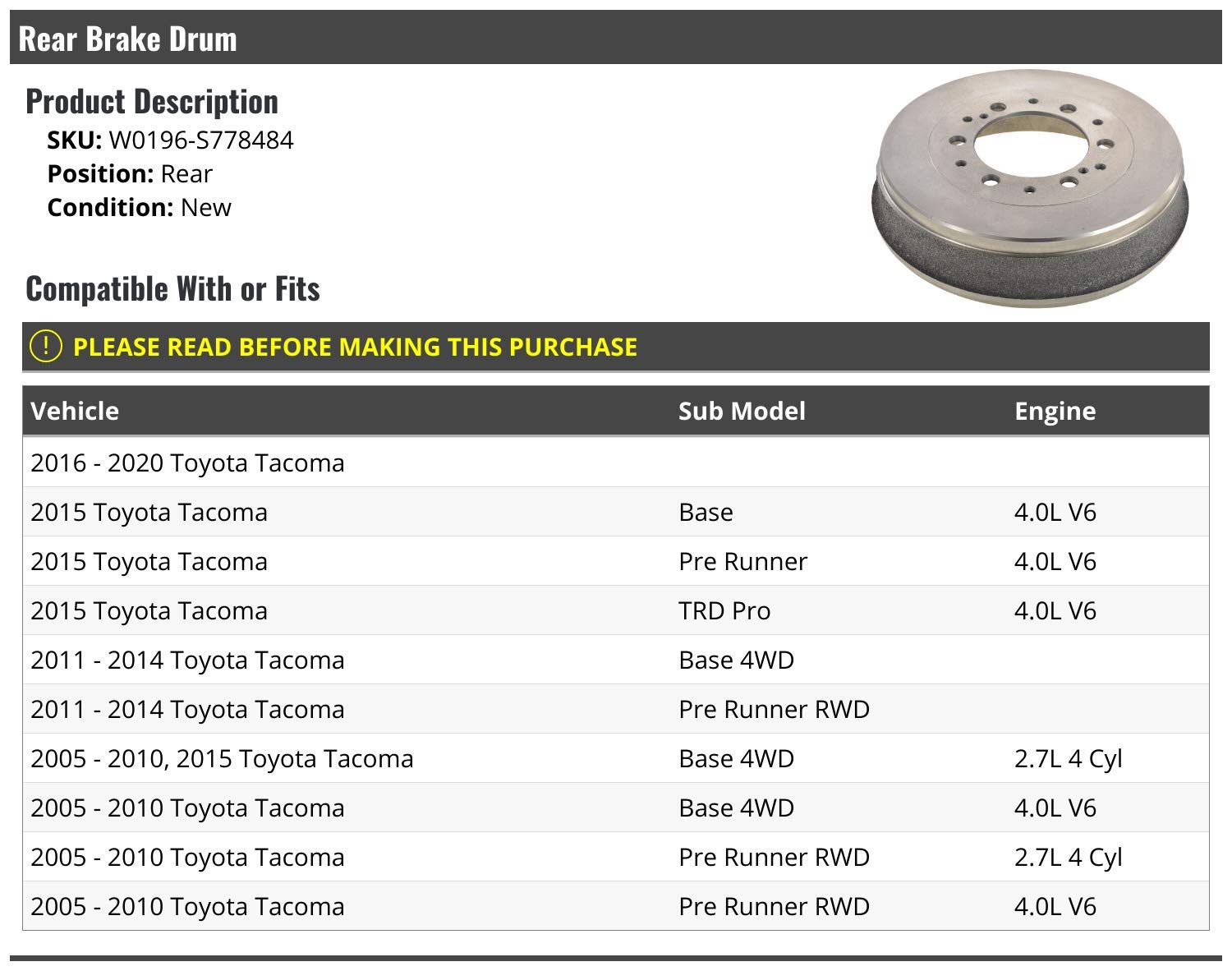 Rear Brake Drum For Toyota Tacoma 2005-2020 - Replacement Brake Drum