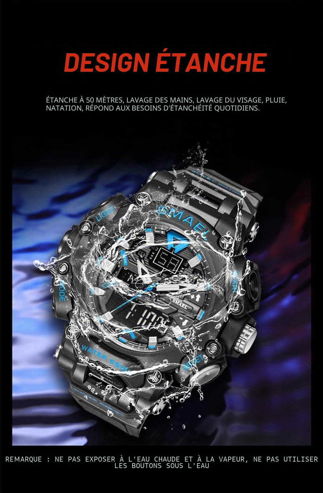 SMAEL Montre Homme, Rétro-Éclairage LED Imperméables Analogiqu Quartz Chronographe, Outdoor Sport Montre Digital Tactique Militaire, avec Chronomètre,Alarme