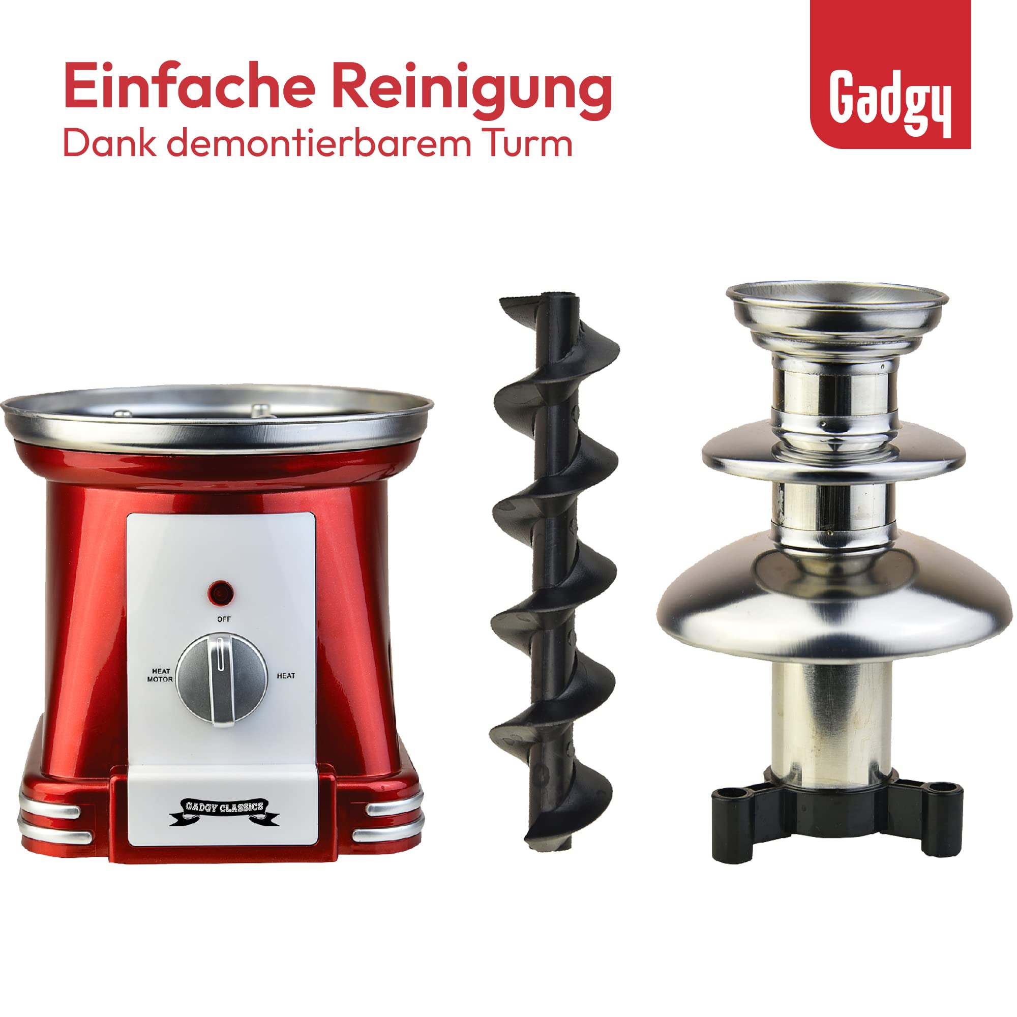Gadgy Schokobrunnen 3-stufig - Schoko Brunnen aus Edelstahl - Schokoladenbrunnen Retro-Look - Schokoladen Fondue 90 Watt - Schokofondue mit Schmelzfunktion - Schokoladenfondue Chocolate Fountain Rot