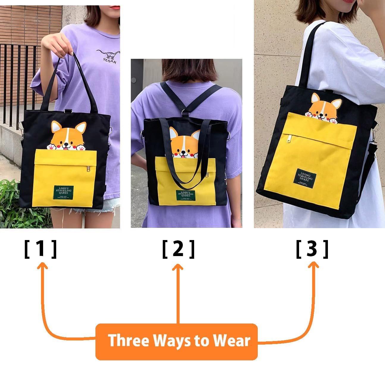 HSR 3 in 1 Canvas Tote Bag, Backpack, Shoulder Bag, Handbags for Women Ladies Girls for School, College, Office, Travel, Shopping, Daily Use, Adjustable Strap