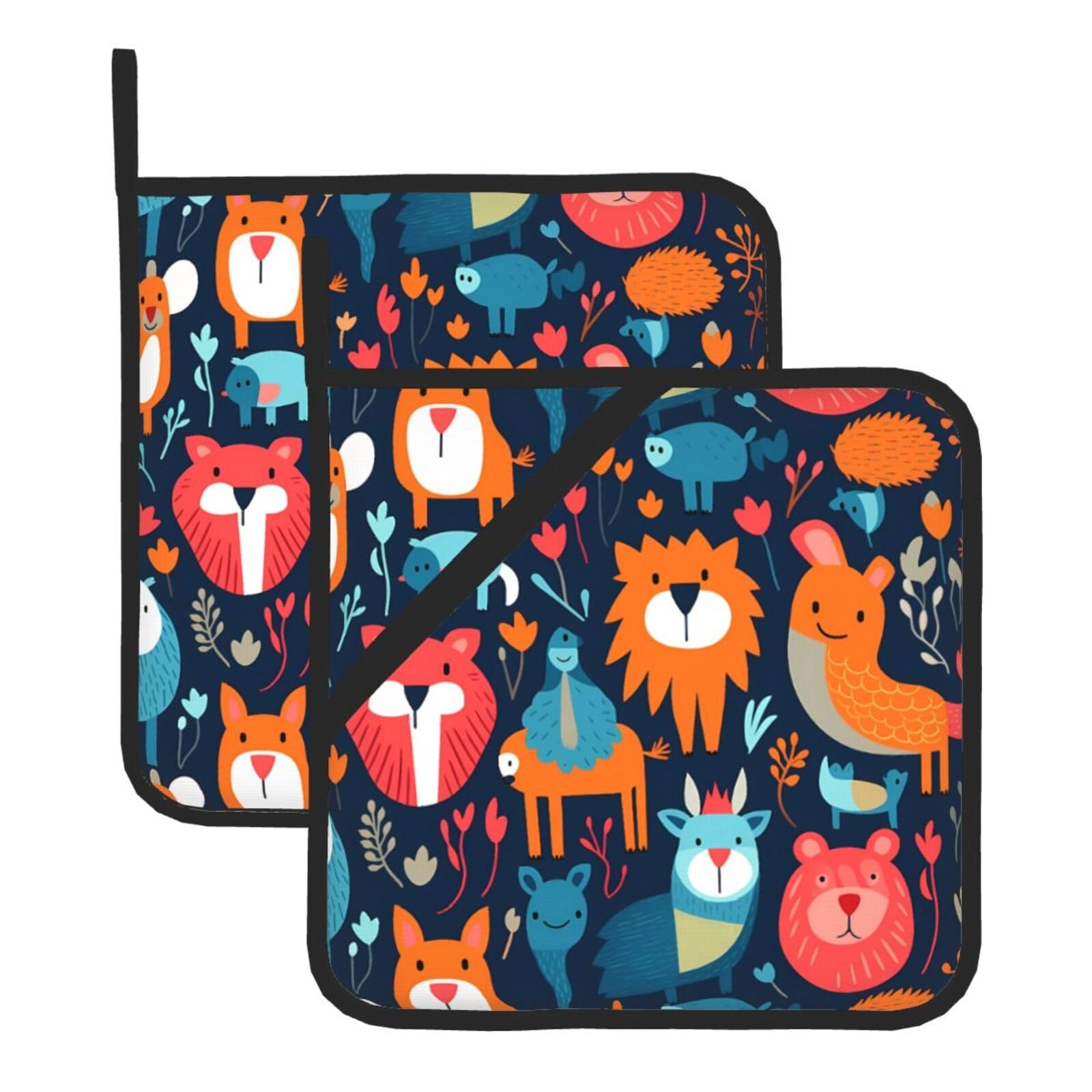 HJFCZH Hug Animal Printed Square Insulated Pot Mat Set (2-Piece) 8x8in Waterproof, Thickened & Easy to Clean with Lanyard Design for Kitchen, Oven & BBQ