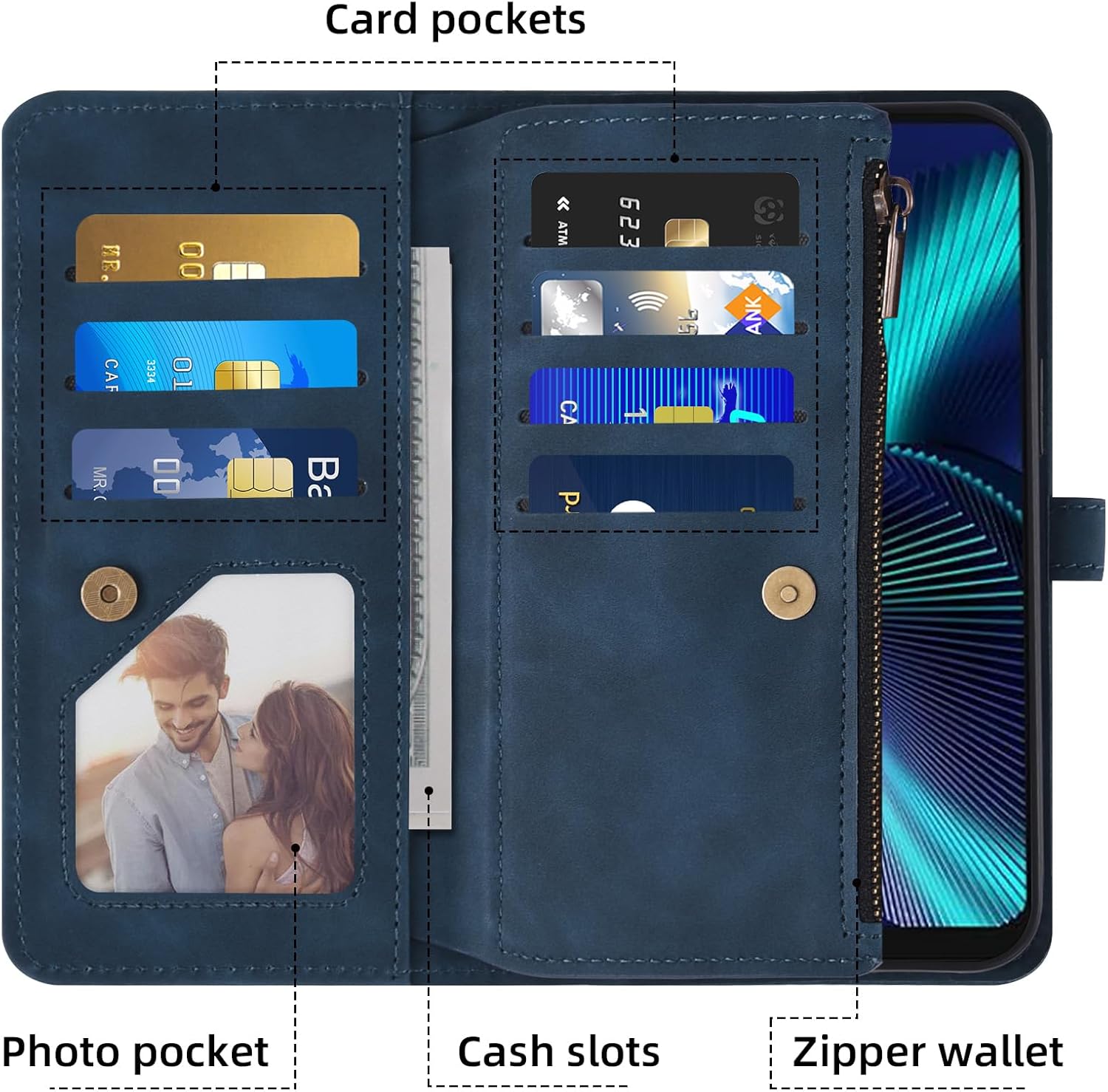 Phone Case for Tracfone BLU View Speed 5G B1550VL Wallet Cover With Screen Protector and Crossbody Wrist Strap Leather Flip Pattern Zipper Credit Card Holder Stand Cell Trac Fone BLUE ViewSpeed Blue
