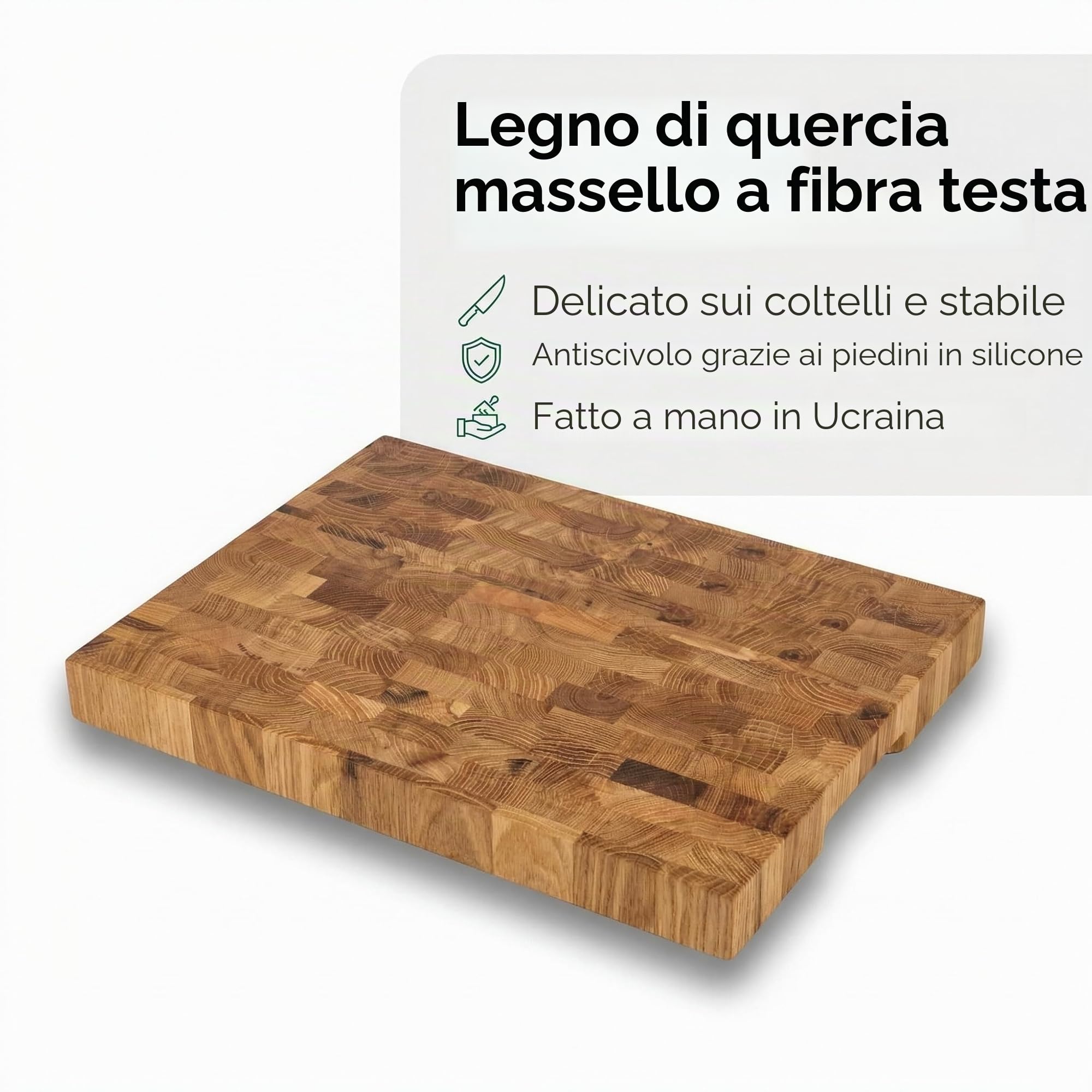 B4K® Tagliere in Legno di Quercia 37x27x4,3 cm | Con Maniglie e Piedini in Silicone | Antibatterico e Oliato | Artigianale