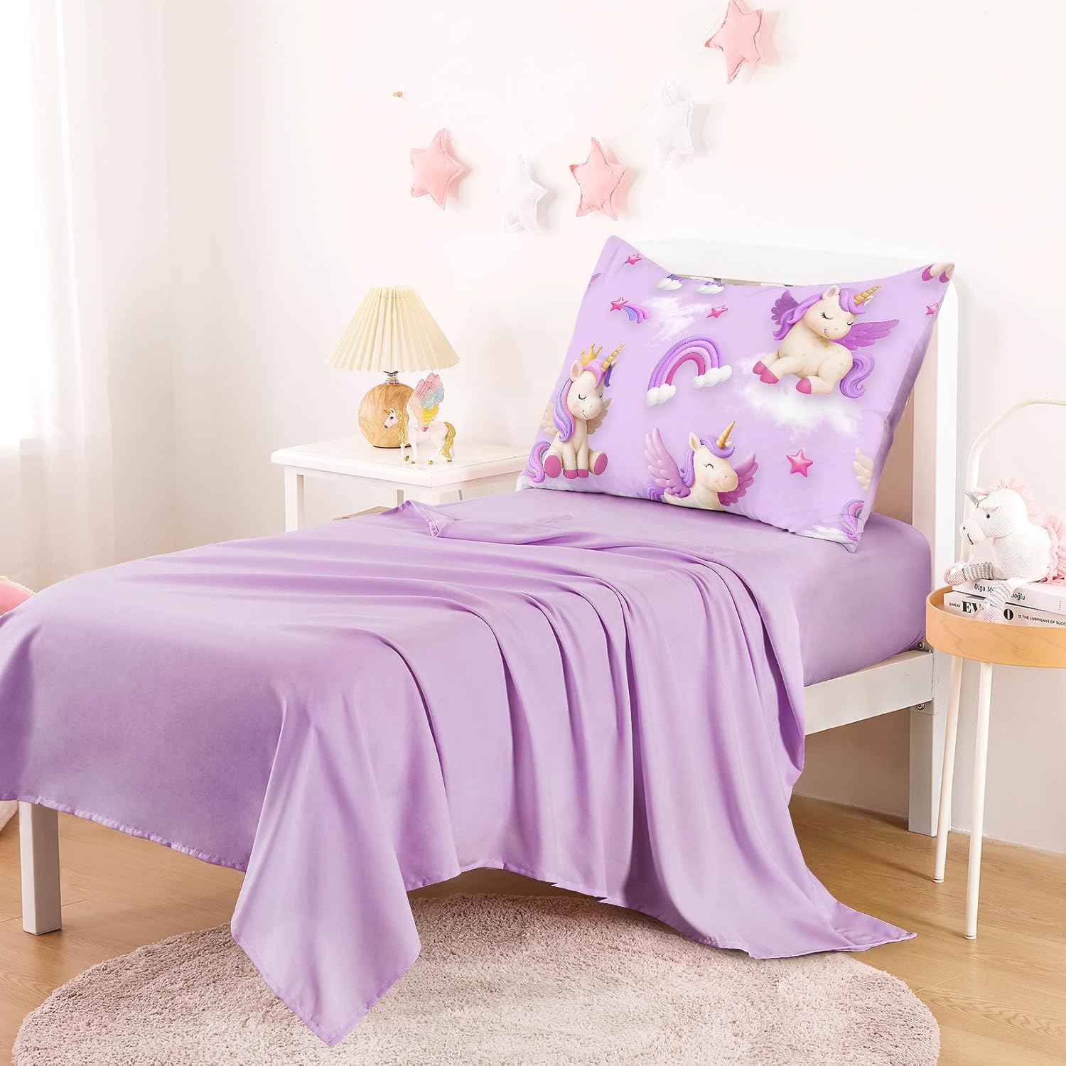 Wake In Cloud - Toddler Bedding Set for Girls, 3D Unicorns Rainbow Clouds, 4 Pieces Soft Crib Bed Set Including Comforter, Sheets and Pillowcase, Purple