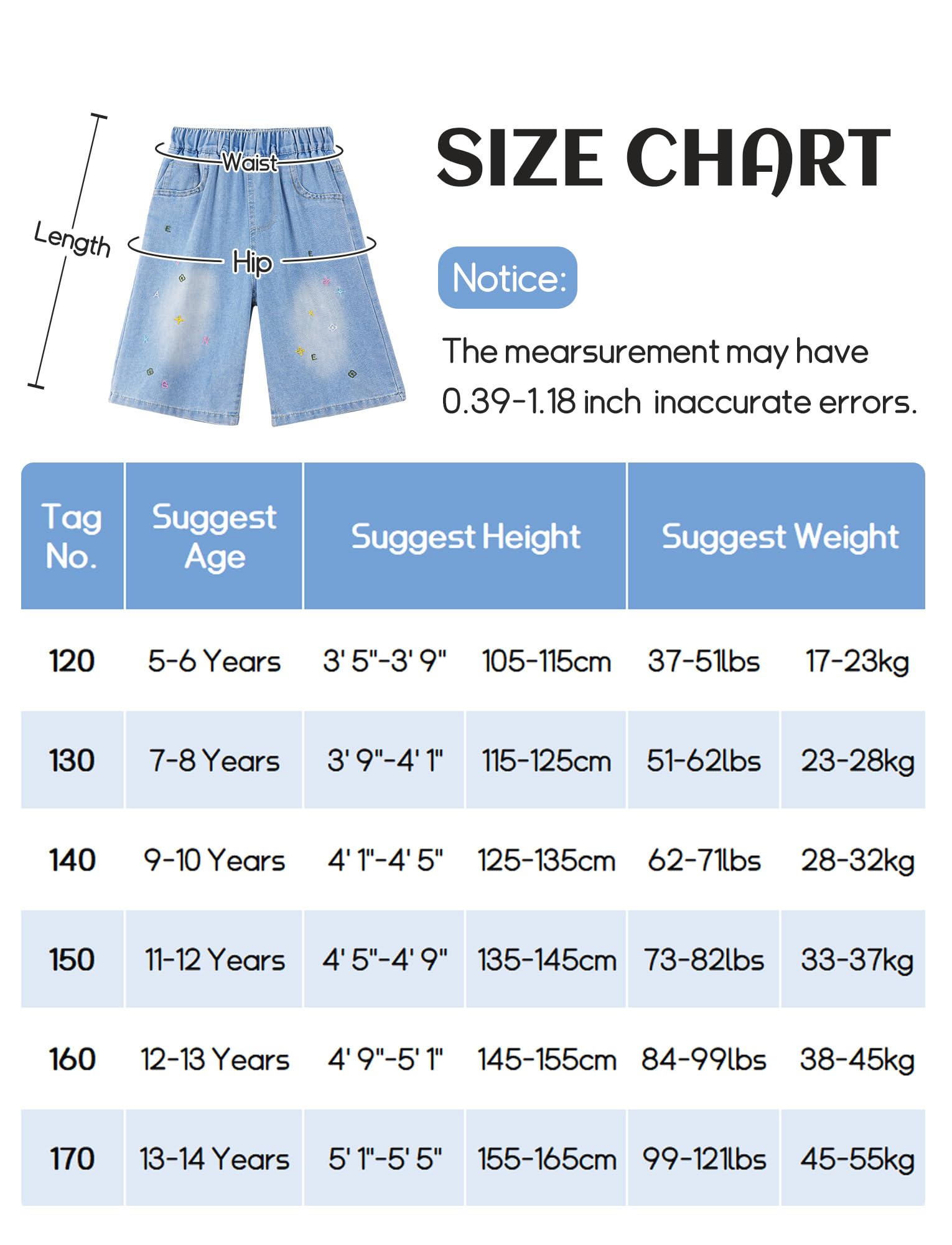 SEAUR Y2K Short ample en jean pour fille avec taille élastique Bleu d'été pour enfants de 5 à 14 ans