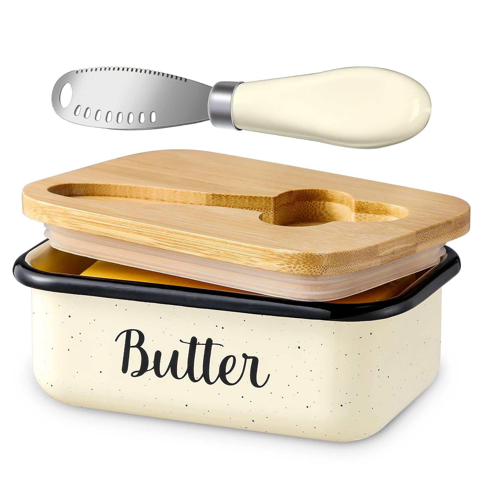 LANDNEOO Butter Dish with Lid and Butter Curler Knife, Unbreakable Metal Keeper Container Double Silicone Sealing, Speckled White, 6.2'L x 4.2' W x 2.2' H, 2 Sticks Capacity, Stainless Steel, Bamboo