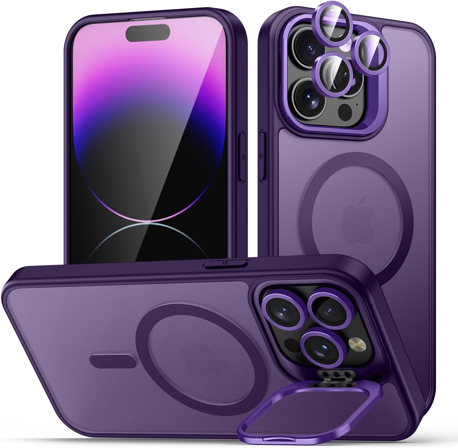 for iPhone 14 Pro Max Case, Compatible with MagSafe, Built-in Camera Ring Stand, with Individual Camera Cover, Translucent Matte Military-Grade Drop Protection Magnetic Case, Purple