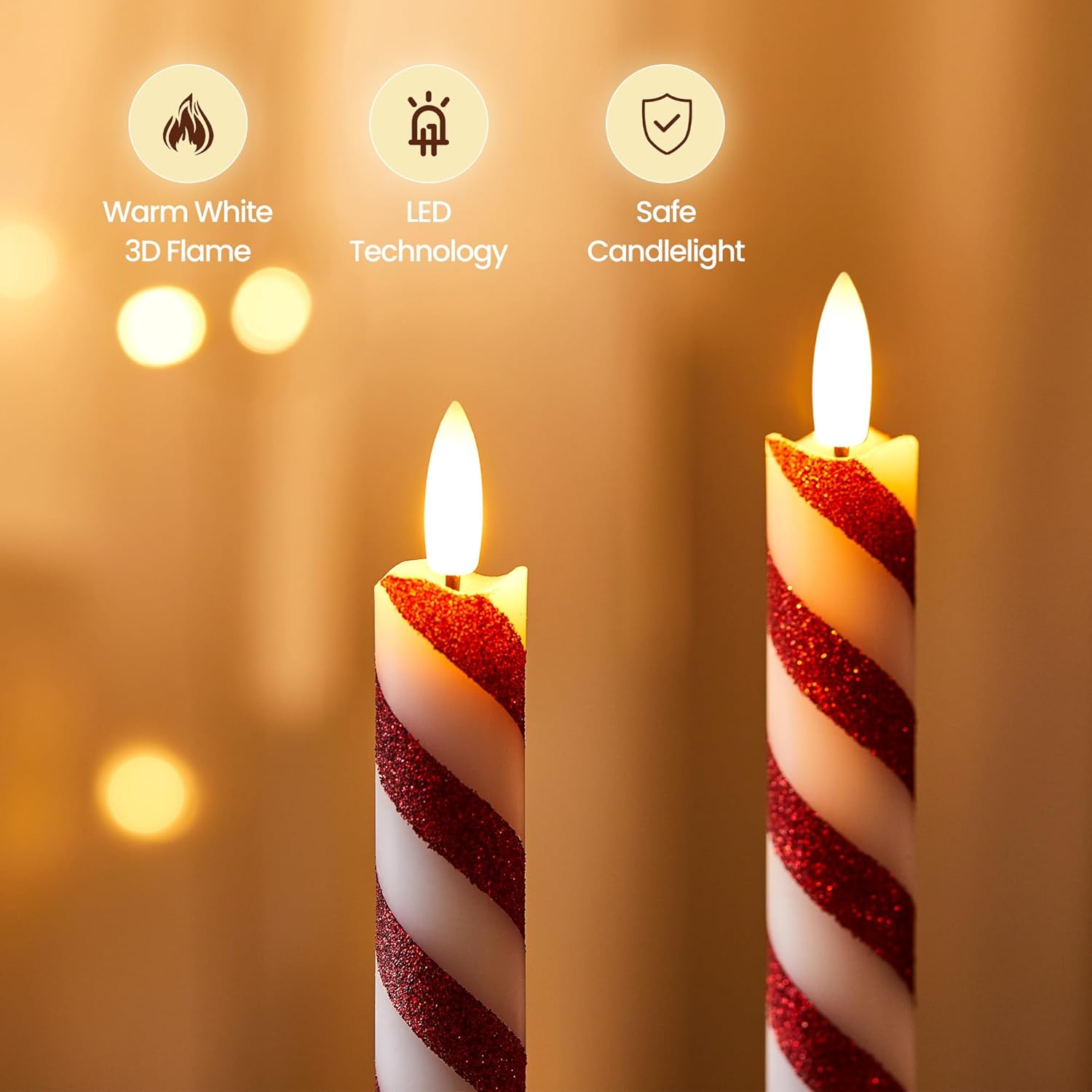 6 Pcs Christmas Flameless Taper Candles with Remote and Timer, 10 Inch Glitter Candy Cane Candles Battery Operated Christmas Candlesticks with LED Flickering Flame for Xmas Candy Cane Decor