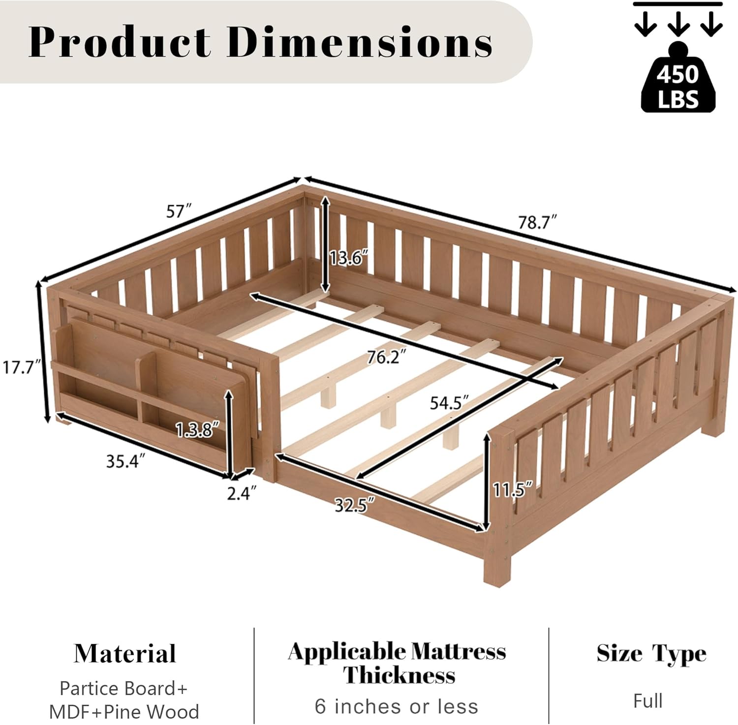Bellemave Full Size Montessori Floor Bed Frame, Kids Floor Bed Full with Bookshelf and Safety Guardrails for Girls Boys, Natural