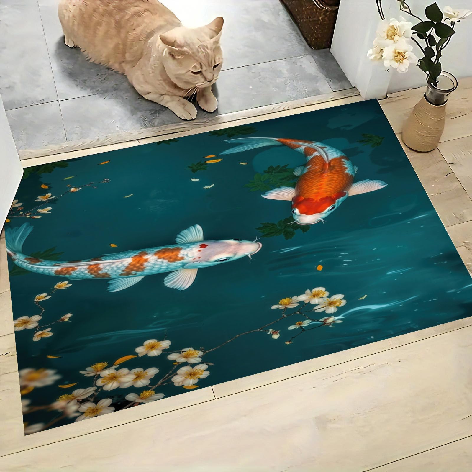 Felpudo realismo natural koi paisaje floral alfombrilla decorativa de alta densidad