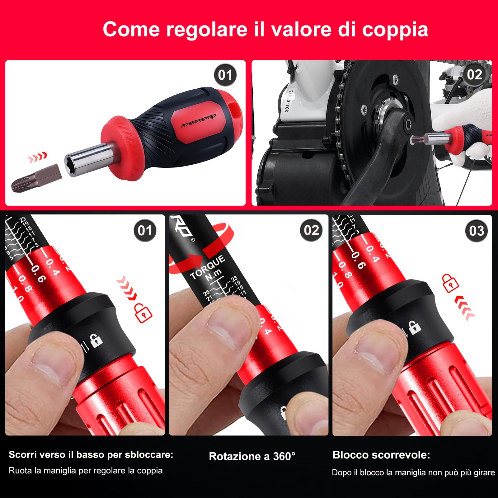 ATsafepro 61 Pezzi Chiave Dinamometrica 1/4",3-25 Nm Chiave Dinamometrica Bici,Con Adattatore da 1/4" a 3/8", Prolunga da 10 cm, Punte, Cacciavite, Precisione ±3% per Biciclette, Motociclette