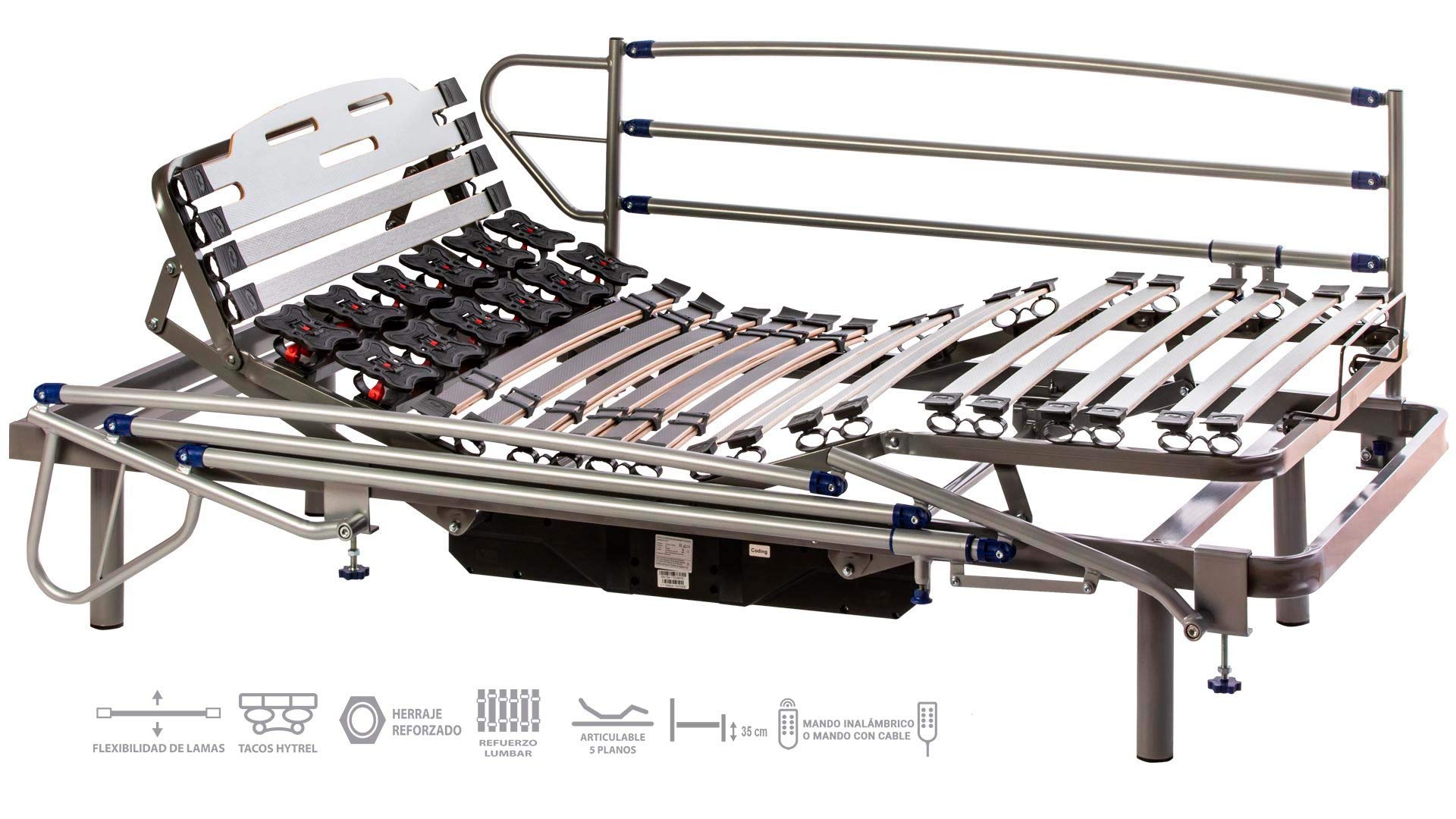 ekamia - Selene Cama Articulada Eléctrica + Barandillas - 90cm x 200cm, Mando con Cable