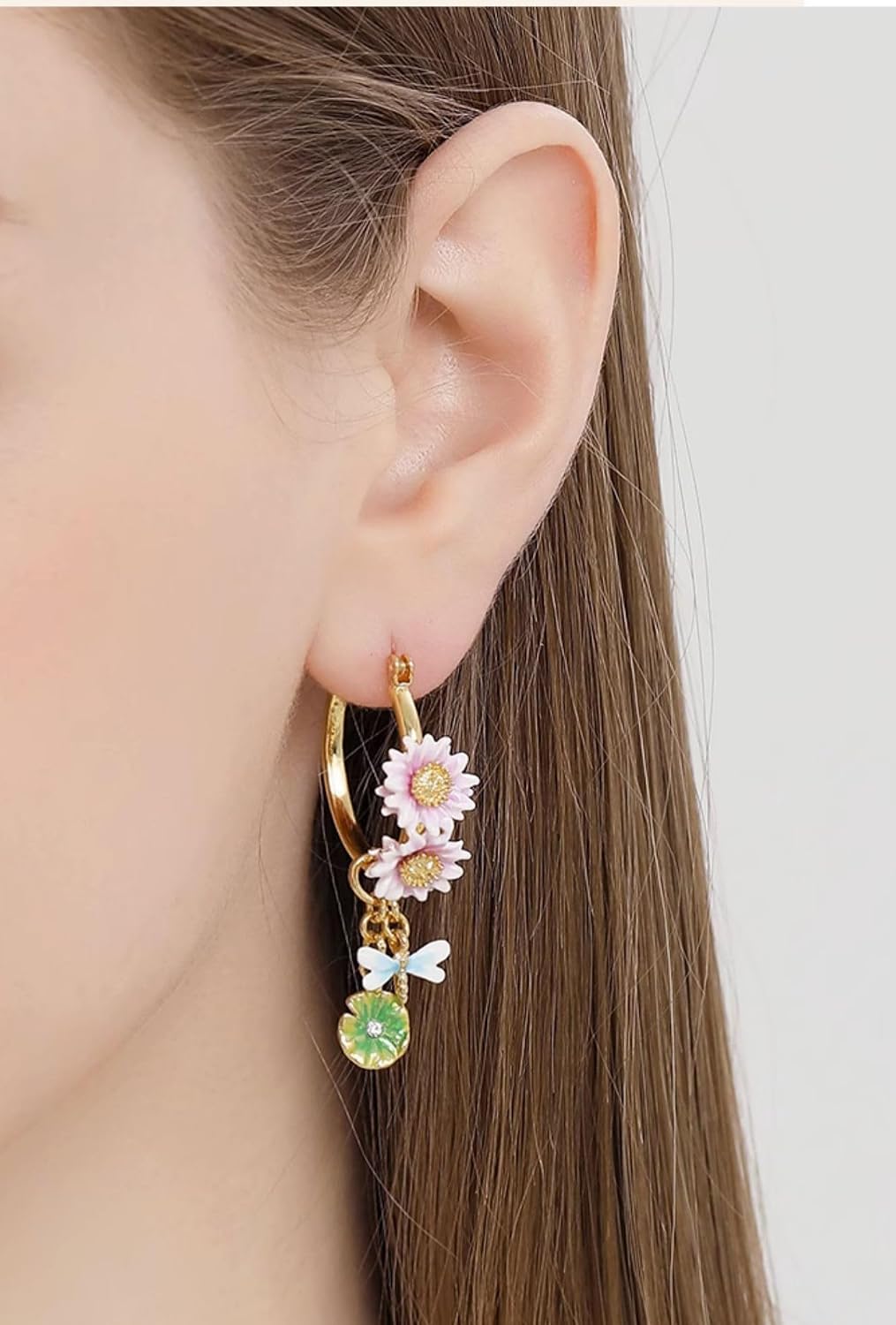 Lotus Flower And Dragonfly Enamel Hoop Dangle Stud Earrings Handmade Jewelry Gift