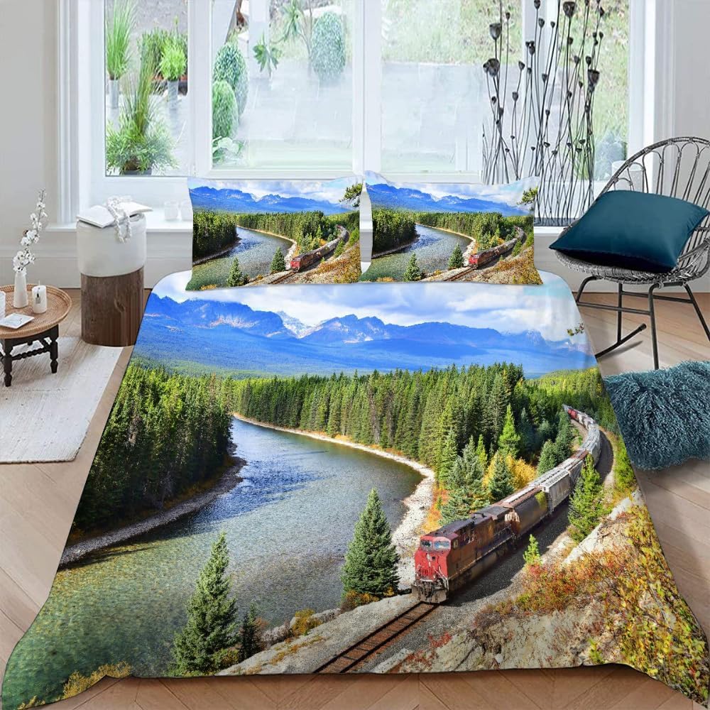 3D Vintage Train Super King Duvet Cover Sets Nature Bedding Set Soft Microfibre Quilt Cover 260x220 cm and 2 Pillowcases 50x75 cm G-H444