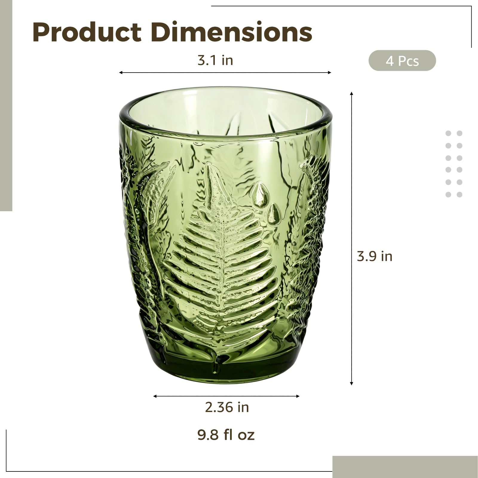 Lot de 4 verres à boire vintage verts, motif fougère en relief, verres épais de 9,8 fl oz, gobelets à cocktail style bohème pour usage quotidien, réception, maison et restaurant