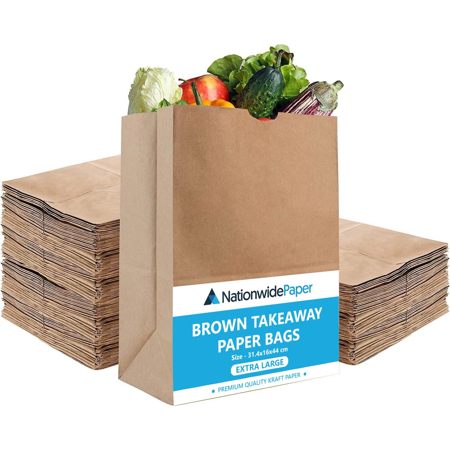 NationwidePaper Extra Large 25 Pcs Brown Paper Bags No Handles Strong Takeaway Paper Bags for Grocery, Fruits, Vegetables 31.4x16x44cm