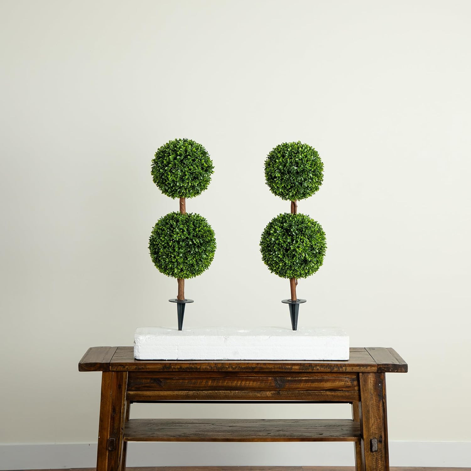 Nearly Natural 3ft UV-Resistant Artificial Double Ball Boxwood Topiary, Set of 2 with Integrated Ground Stake, Premium Fade-Proof Faux Greenery, Ideal for Indoor and Outdoor Decor, Easy Installation