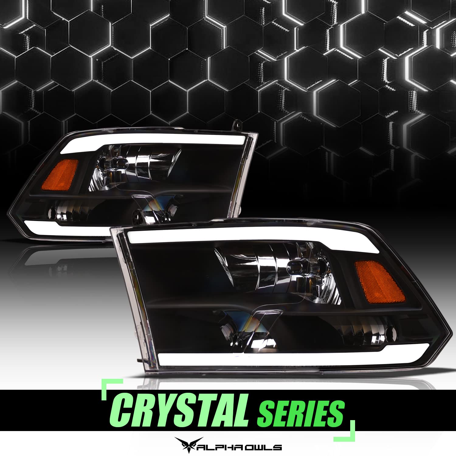 Alpha Owls 8711880 Crystal Headlights With White LED Light Bar - Black Amber Fits 2009-2018 Dodge Ram 1500 2500 3500/2019-2023 Classic Halogen Models