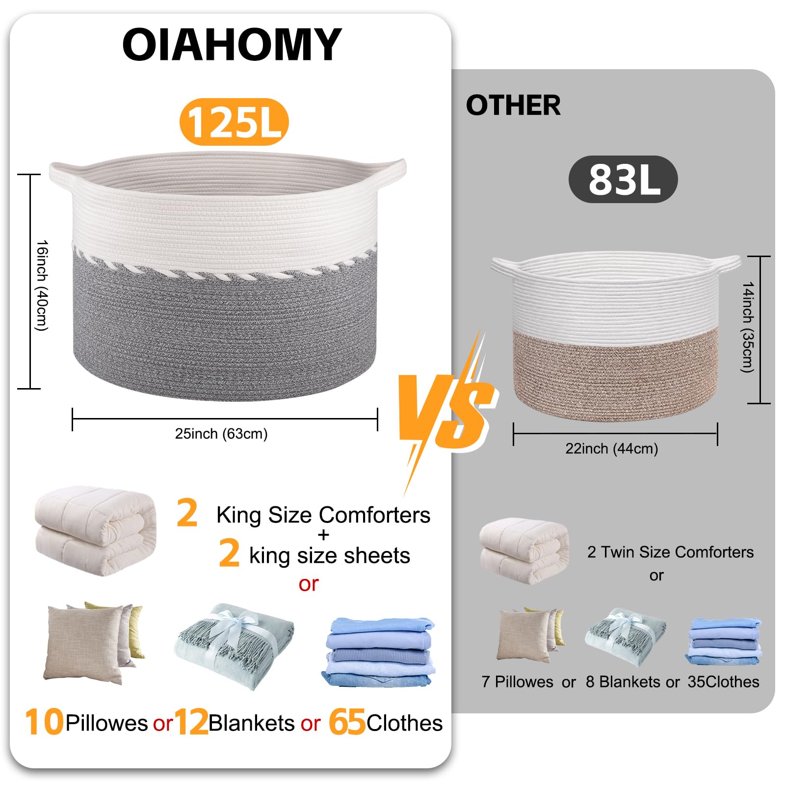 OIAHOMY Extra großer Korb für Decken, 63,5 x 40,6 cm, Jumbo-Wäschekorb, Baumwollseilkorb mit Griffen für Wohnzimmer, Baby-Spielzeugkorb zur Aufbewahrung, Grau