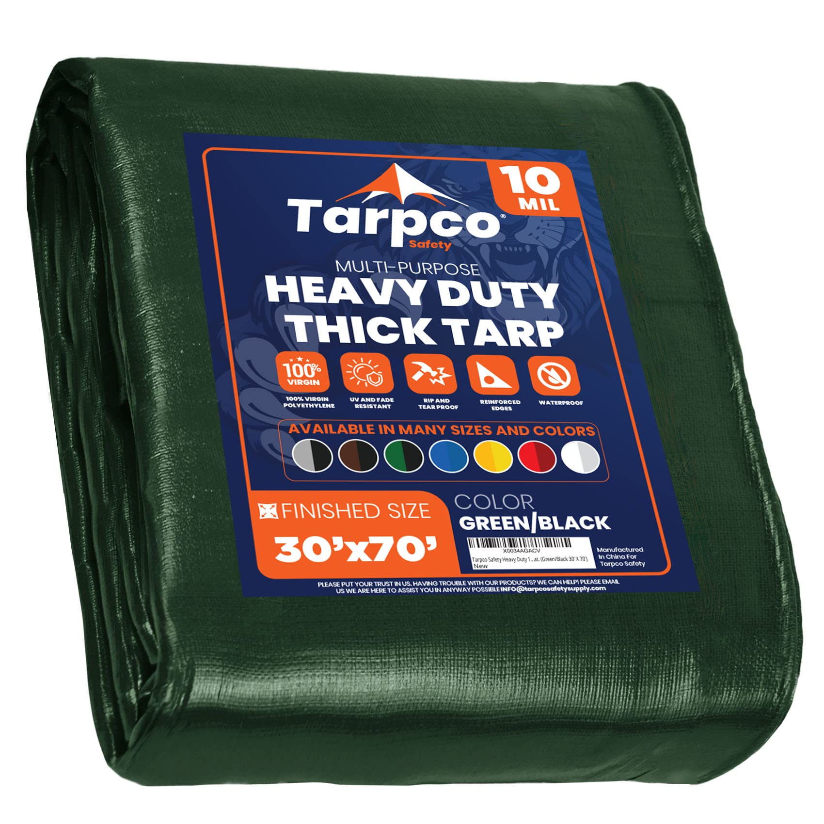 Tarpco Safety Heavy Duty 10 Mil Tarp Cover, Waterproof, UV Resistant, Rip and Tear Proof, Poly Tarpaulin with Reinforced Edges for Camping, Roof,
