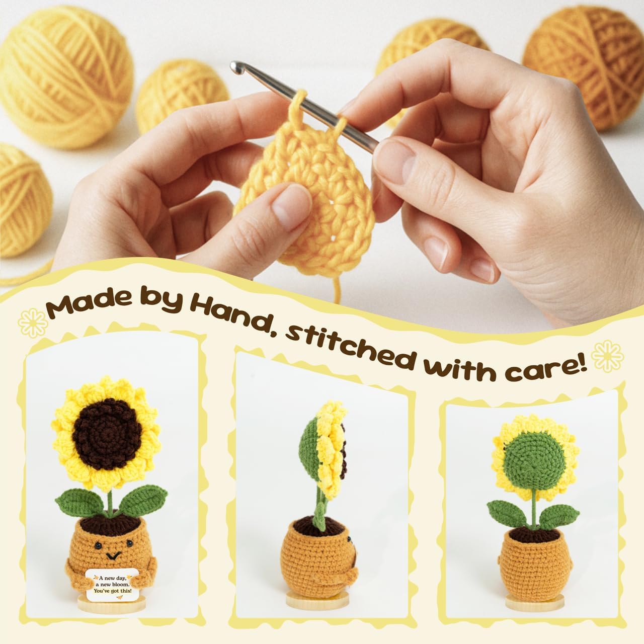 Valentines Day Thank You Gifts for Women Emotional Support Crochet Sunflower – Handmade Encouragement Gift for Women, Friends, Students, Coworkers – Positive Affirmation Crochet Flower - Image 3