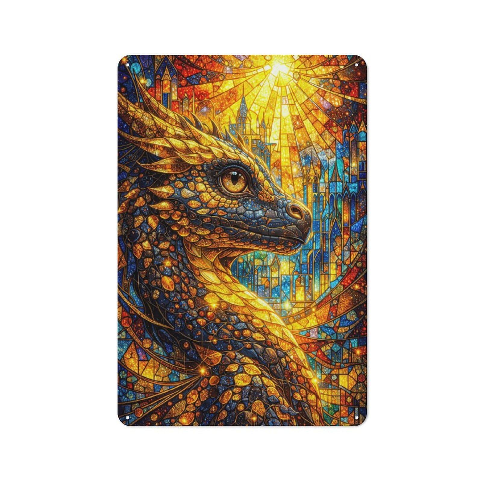 Junmoney Style-22 Dragon Stained Glass Castle Tin Sign 30X20cm, Vintage Home Bar Decor For Cafe, Pub, Workshop Or Home Bar, For Relaxed Wall Styling