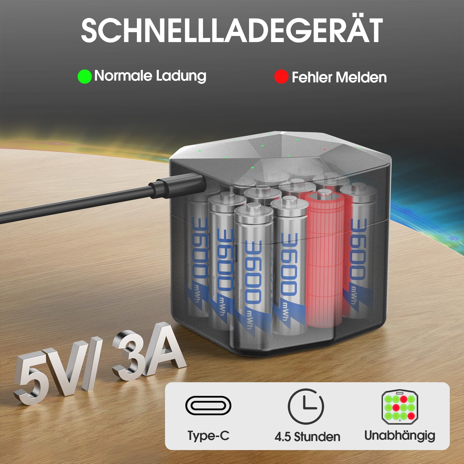Lot de 12 piles au lithium AA rechargeables avec chargeur, 1,5 V 3600 mWh, haute capacité, 2000 cycles, longue durée de vie, avec boîte de rangement de charge, argentées