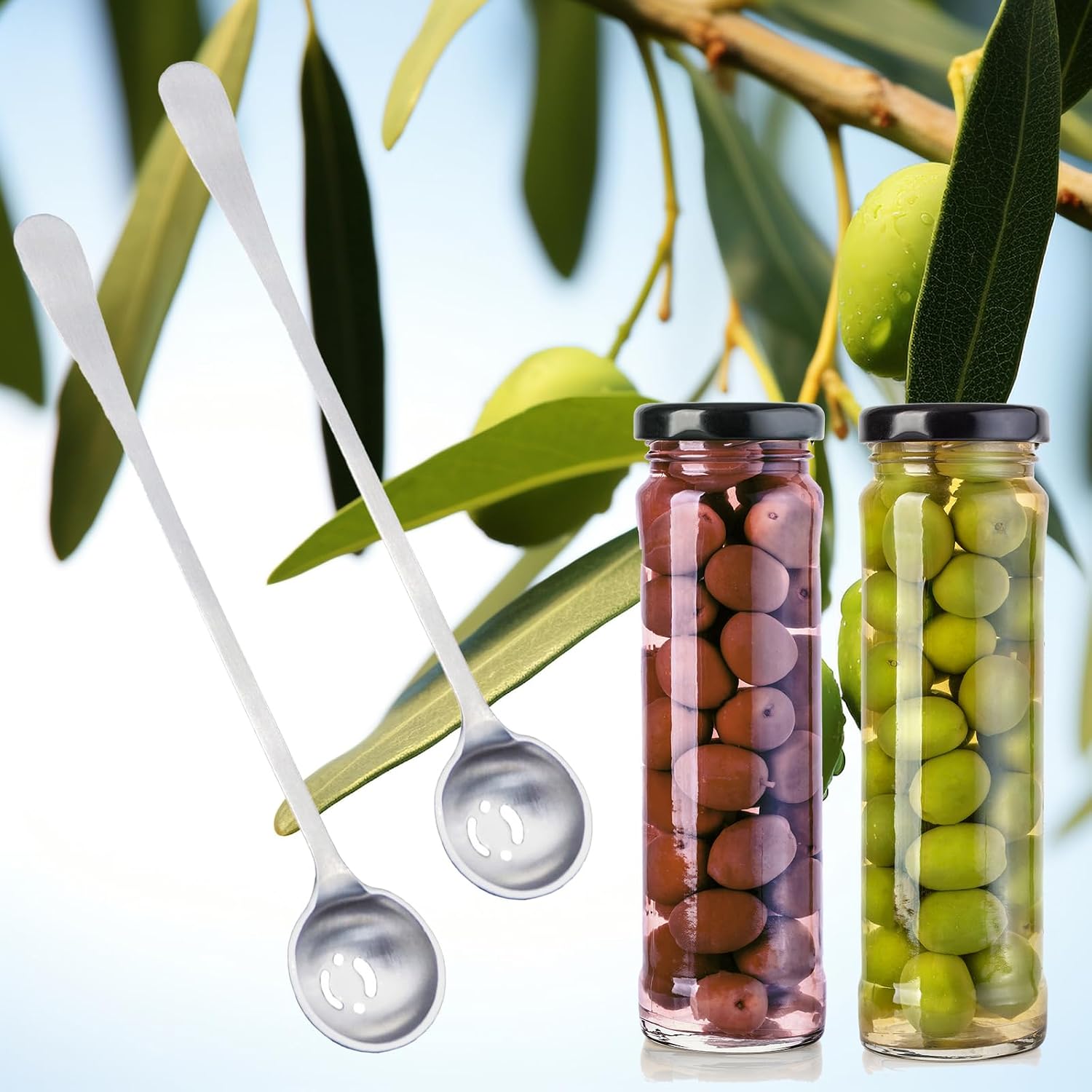 Asanta 2 PCS Stainless Steel Long Handle Olive Spoons with Holes for Jars and Pickles