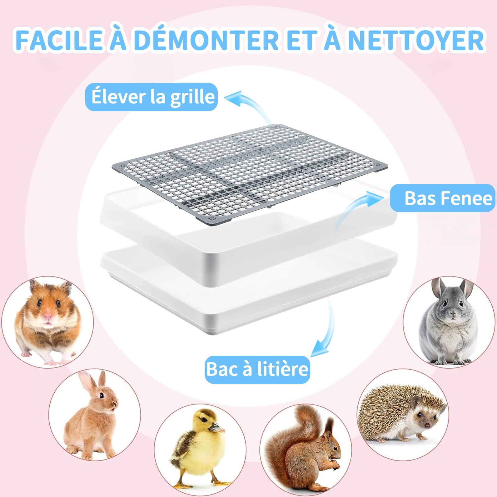Lot de 2 Grands Bacs à Litière avec Grille, 38,3 x 30,9 x 6,5 cm | Avec 20 Couvertures Douces, Toilettes Faciles à Nettoyer pour Lapins, Cochons d'Inde, Chatons et Petits Animaux