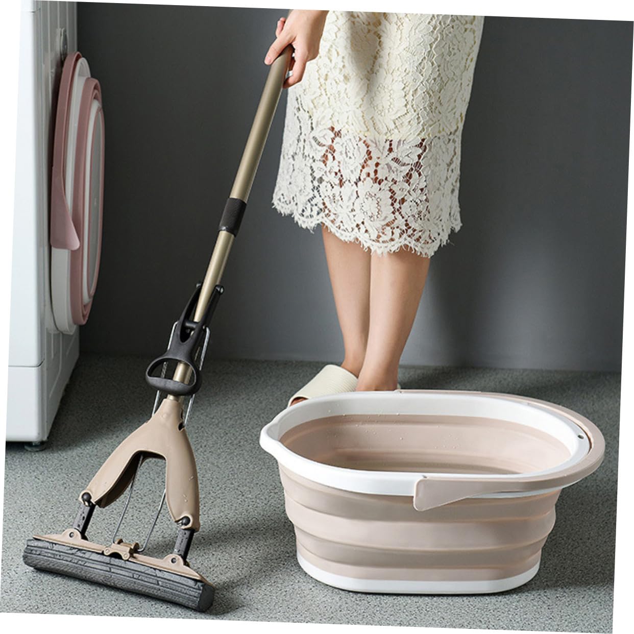 Secchio Pieghevole per Straccio in Plastica Pp Beige, Portatile | Piastrelle e Parquet, Secchio Lavabile a Uso Aziendale, Accessorio per Pulizia Pavimenti