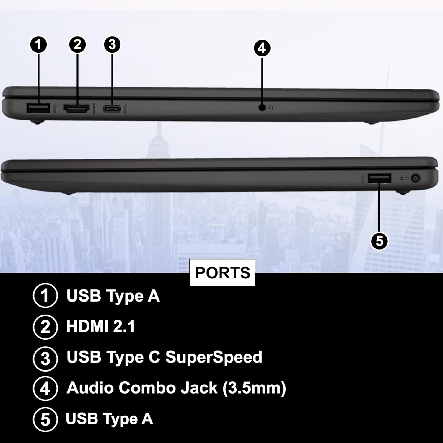 An overview of the HP 250 G10 laptop ports.