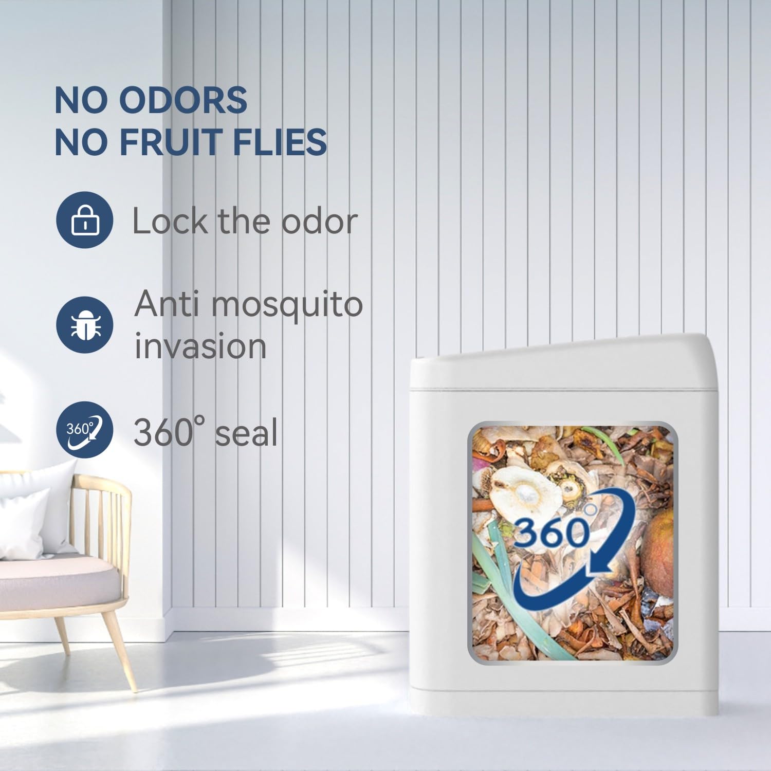 ELLO&ALLO 13 Gallon Kitchen Trash Can with Roll Up Lid, Automatic Touchless Motion Sensor Rectangular Trash Can, White