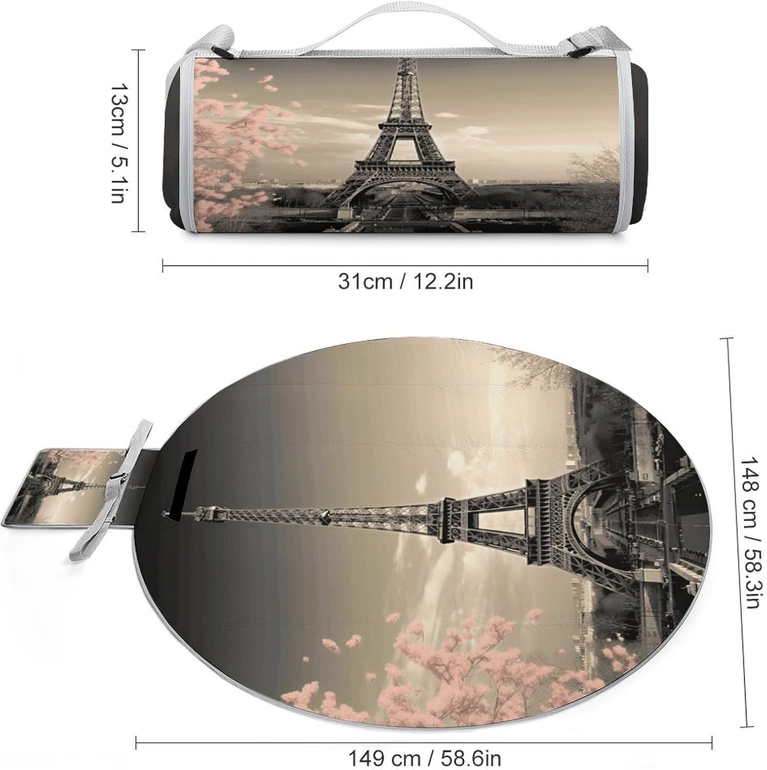Paris Tower Picnic Mat Lightweight Waterproof Picnic Blankets Extra Large Picnic Outdoor Blankets Foldable Sandproof Beach Blanket for Park Beach Camping Courtyard 58.3''x58.3''