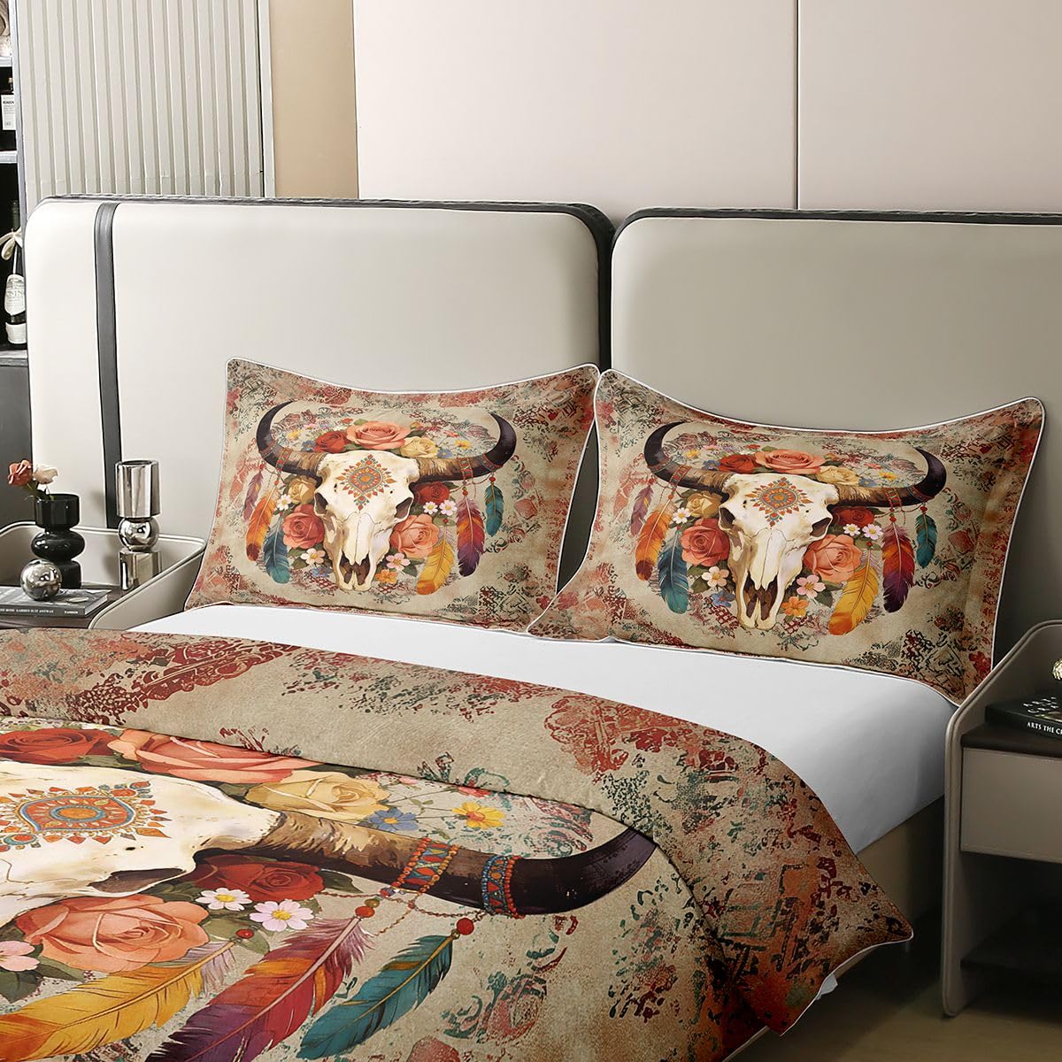 Bull czaszka 100% naturalna bawełna, kołdra w rozmiarze S, motyw głowy krowy, zachodni kowbojski, zestaw pościeli w stylu boho, etniczny, beżowy, 2 szt