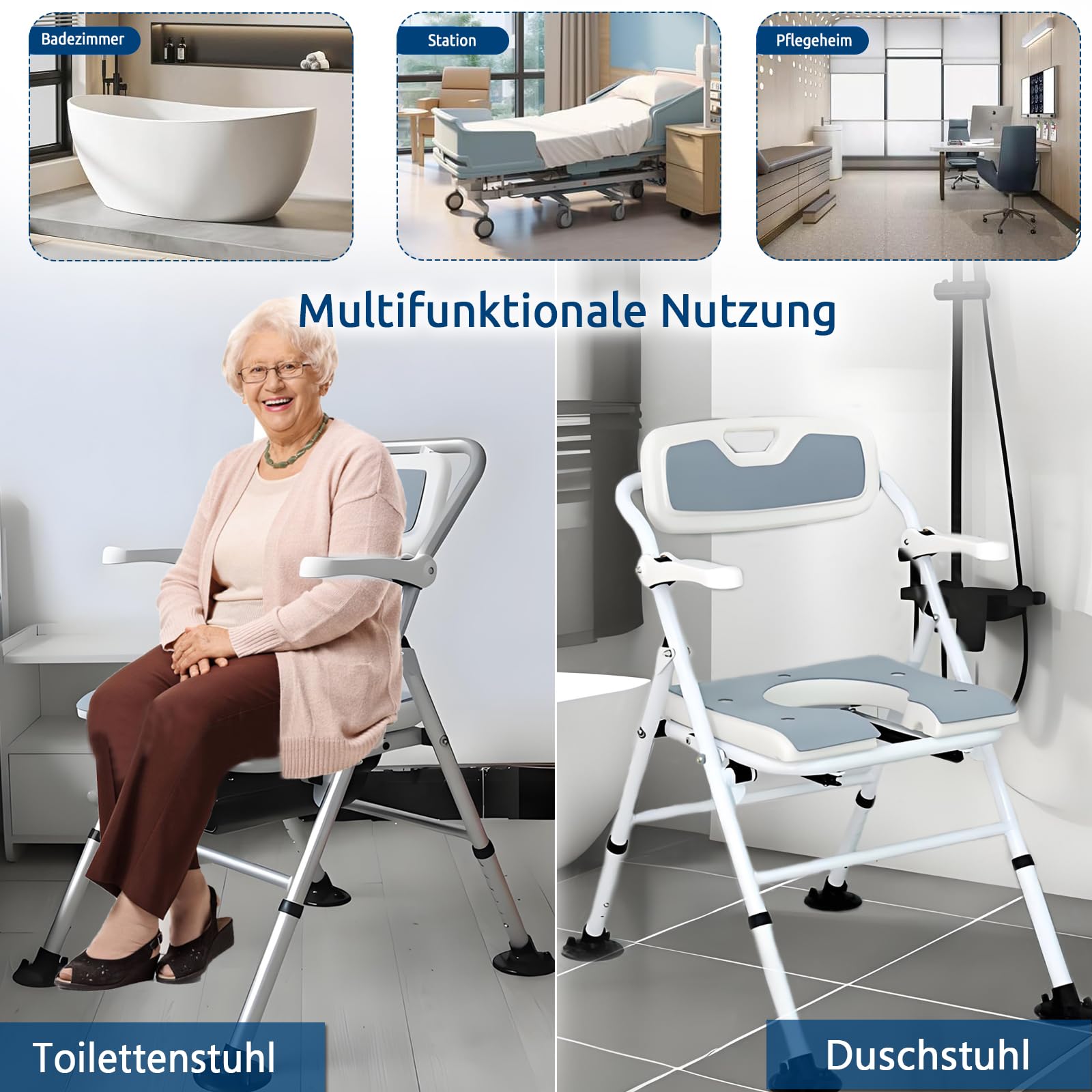 Toilettenstuhl für Senioren Höhenverstellbar, WC Stuhl Klappbar aus Aluminium, Duschstuhl Klappbar, Faltbar Nachtstuhl mit Armlehne und Rückenlehne, Badezimmerstuhl bis 150 Kg