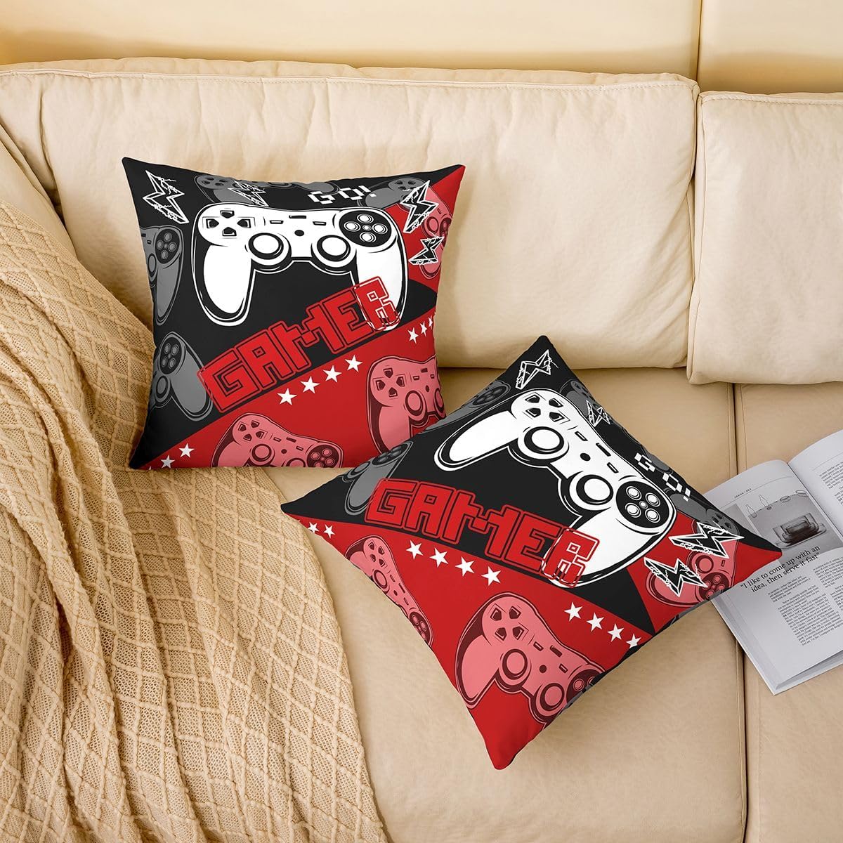 Video Game Throw Pillow Covers Cute Cartoon Gamer Game Controller Pillow Cases for Kids Boys Teens Adults Modern Black Red Grid Hippie Cushion Covers for Housewarming Party 18x18 Inch Set of 2 image 2