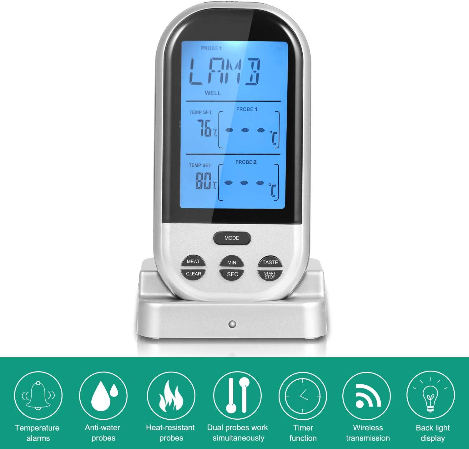 Adoric Wireless Remote Digital Meat Thermometer with Dual Probe for Cooking Smoker Kitchen Oven grilling and BBQ