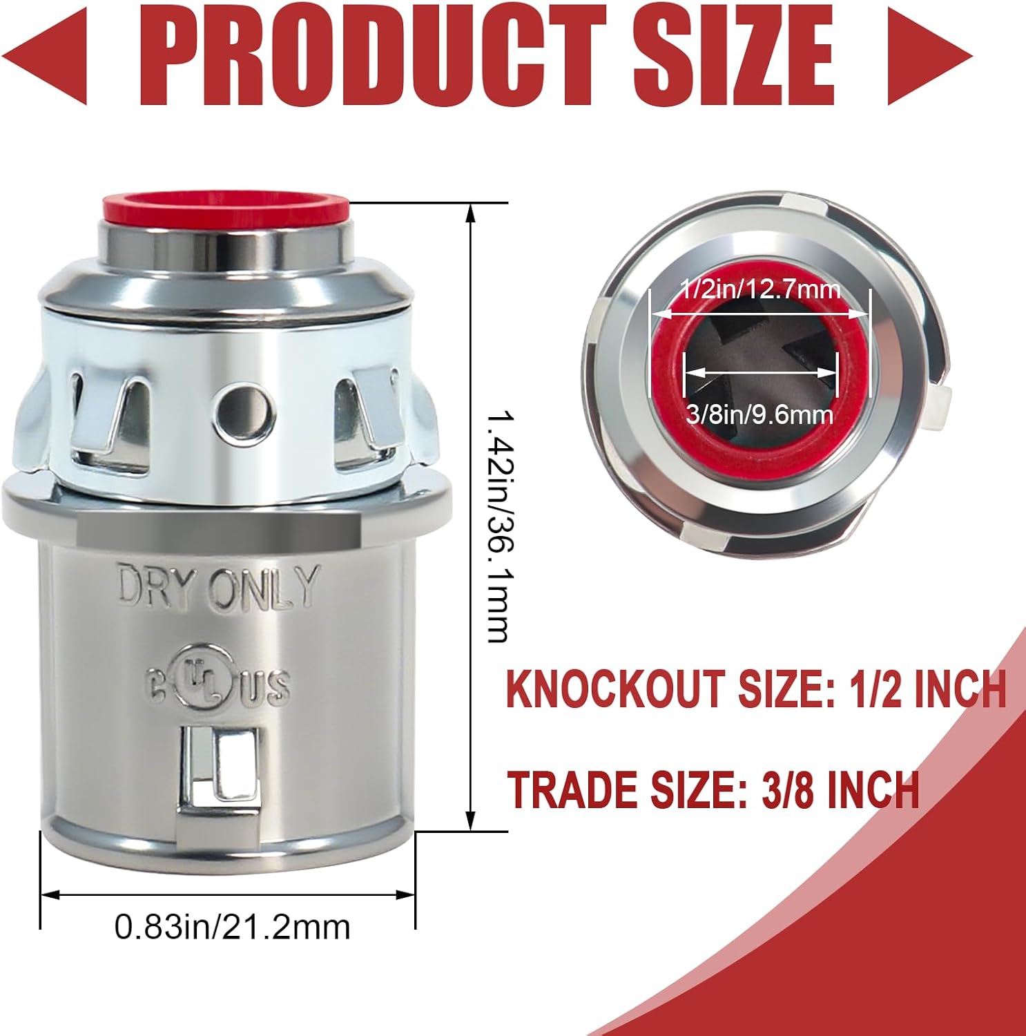 25 Packs Snap in Connectors, 3/8" MC Cable Connectors Zinc Electrical Conduit Connector for Steel and Aluminum Cable, Knockout Size 1/2''