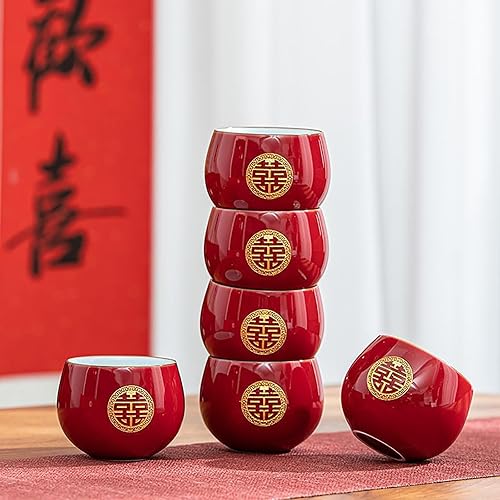 Miniatura 4 de Juego de té chino de Kung Fu de 6, juego de té de boda rojo de porcelana de doble felicidad, suministros de decoración de boda tradicionales chinos,